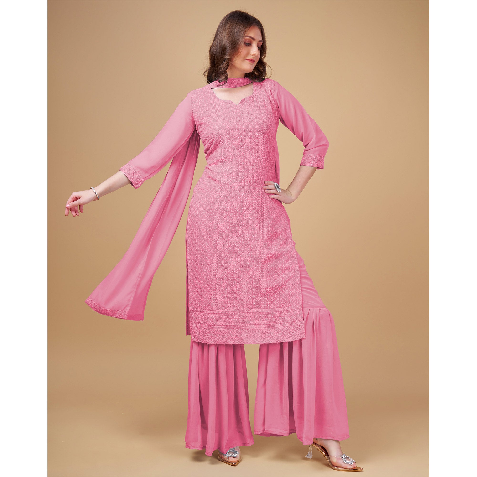 Pink Embroidered Georgette Kurti Sharara Suit