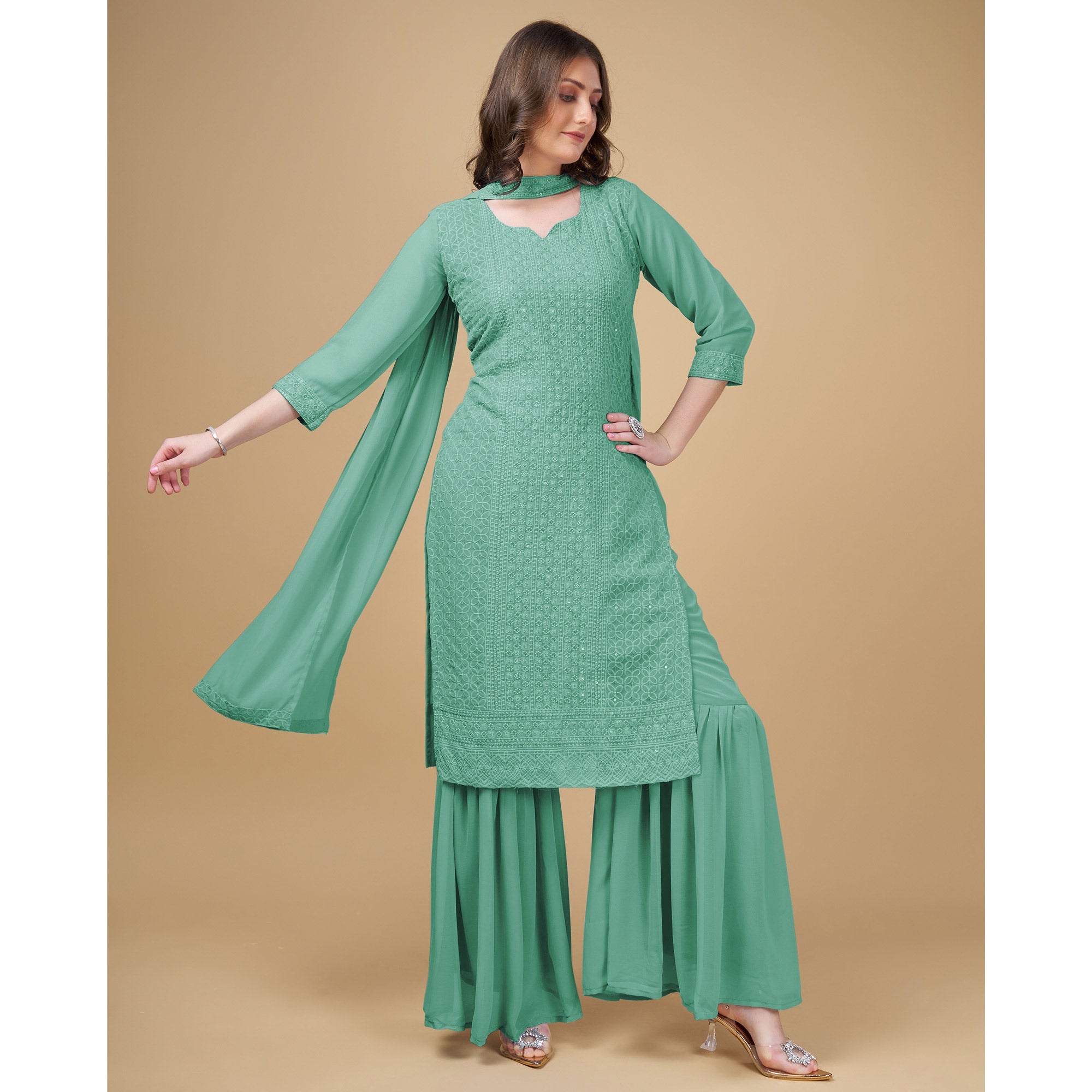 Green Embroidered Georgette Kurti Sharara Suit