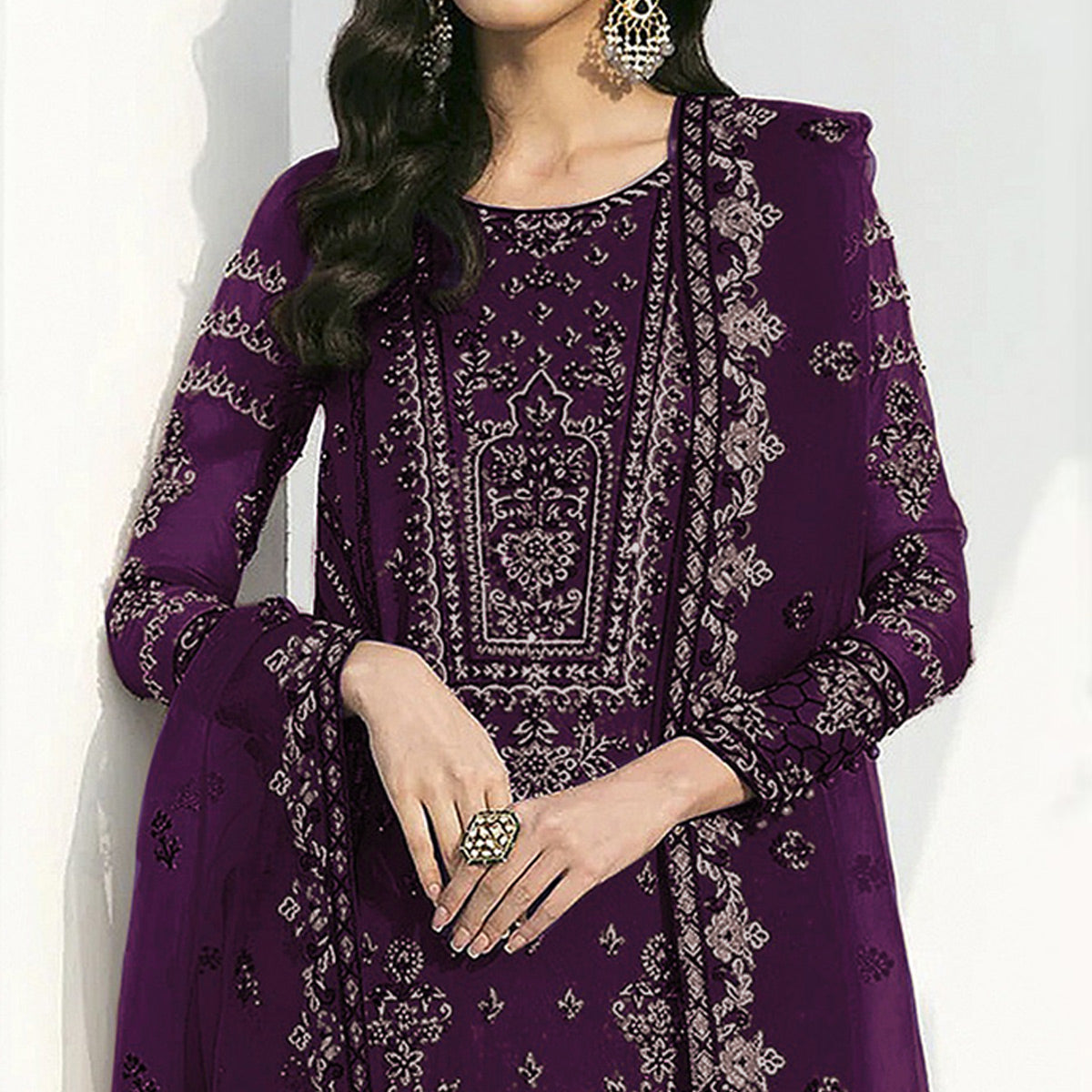 Purple Floral Embroidered Georgette Semi Stitched Pakistani Suit