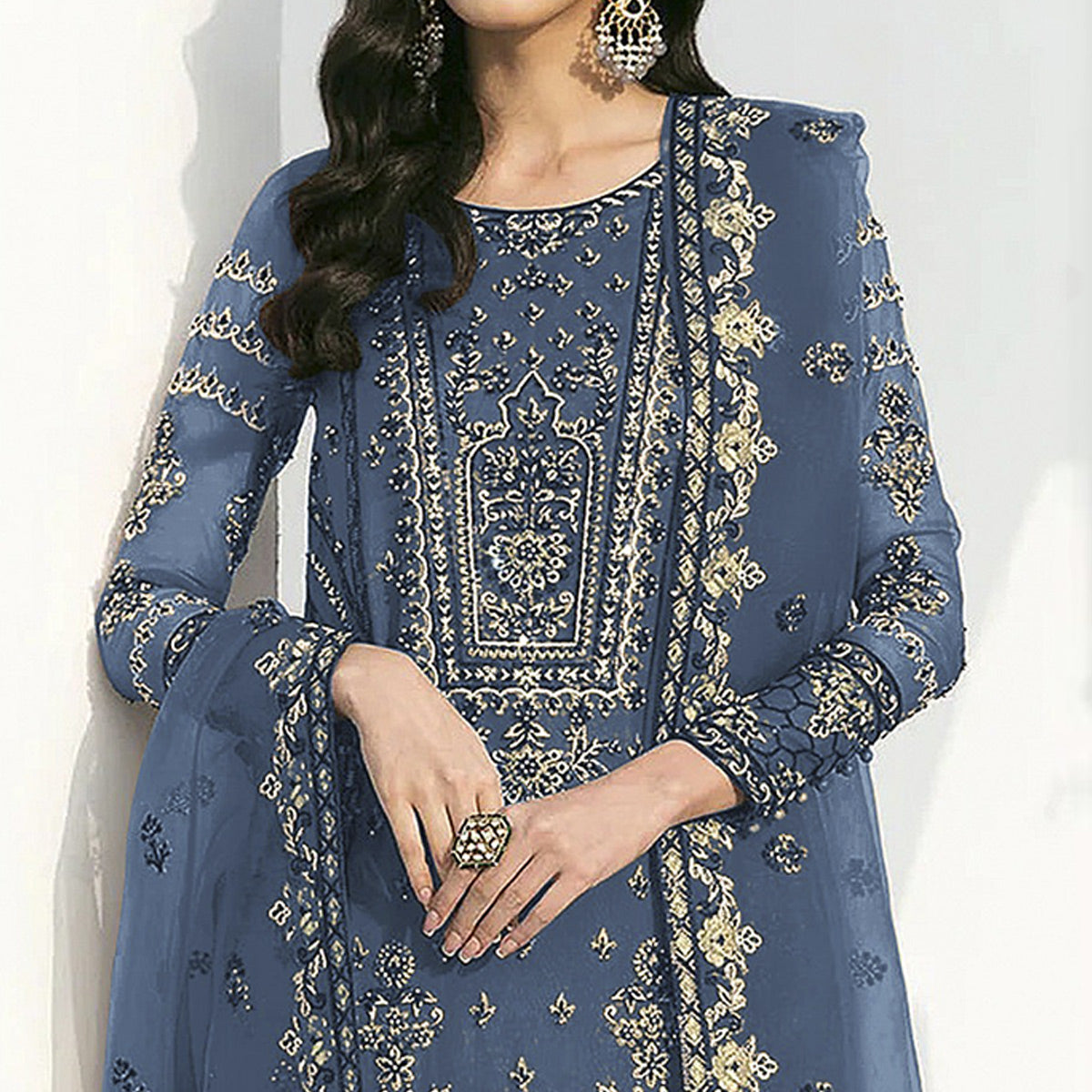 Blue Floral Embroidered Georgette Semi Stitched Pakistani Suit