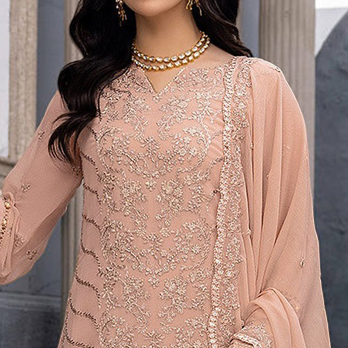 Peach Floral Embroidered Georgette Semi Stitched Suit