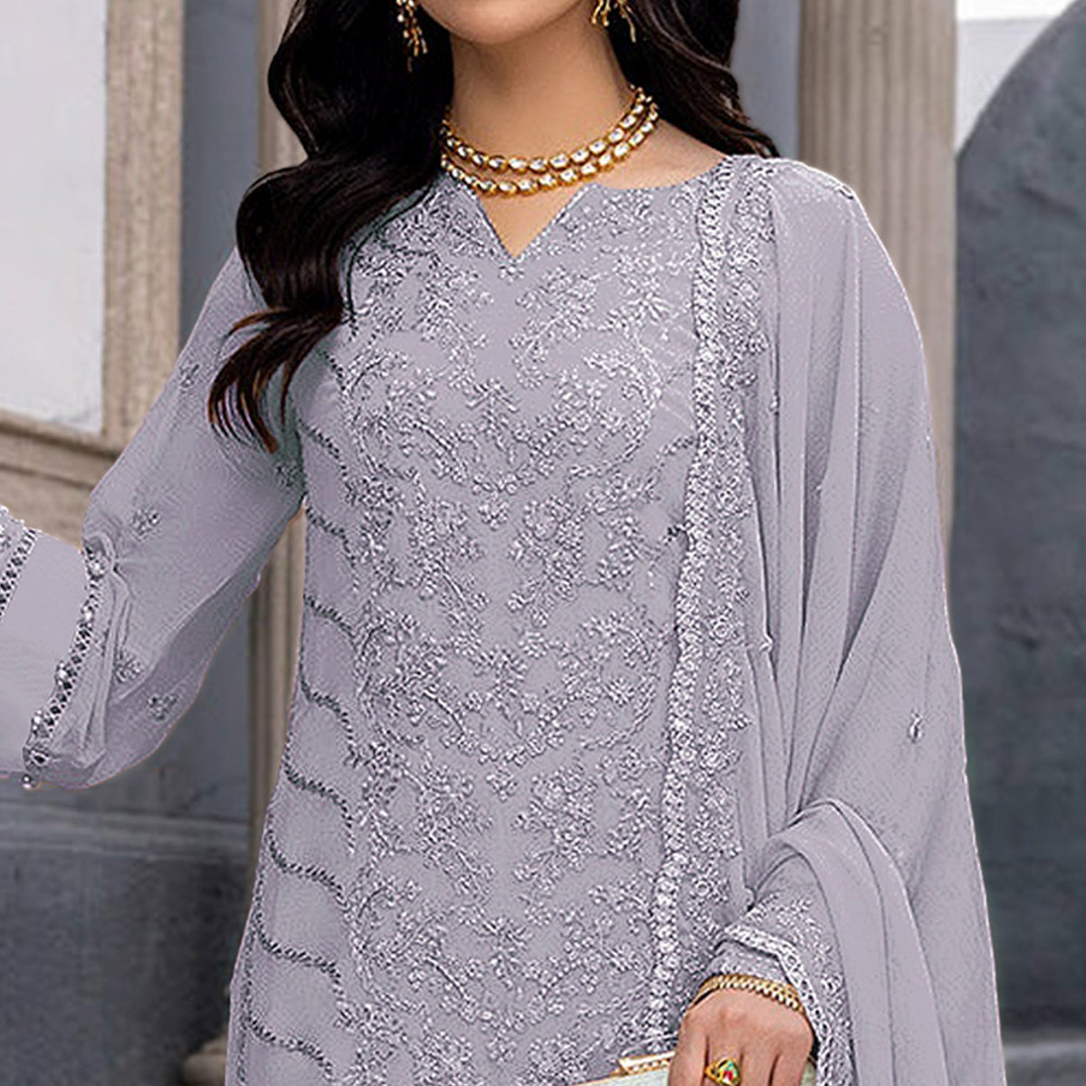 Violet Floral Embroidered Georgette Semi Stitched Suit