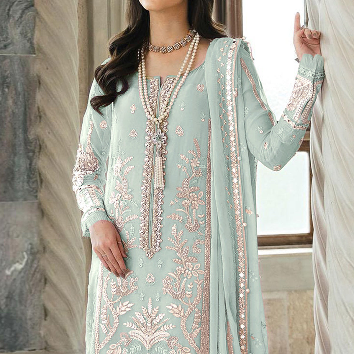Green Floral Sequins Embroidered Georgette Semi Stitched Suit