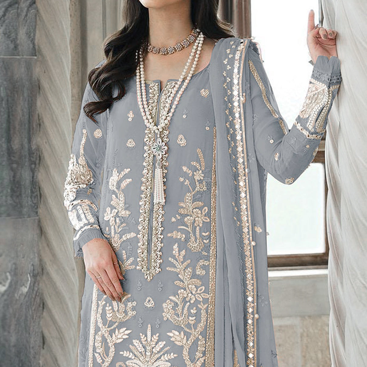 Grey Floral Sequins Embroidered Georgette Semi Stitched Suit