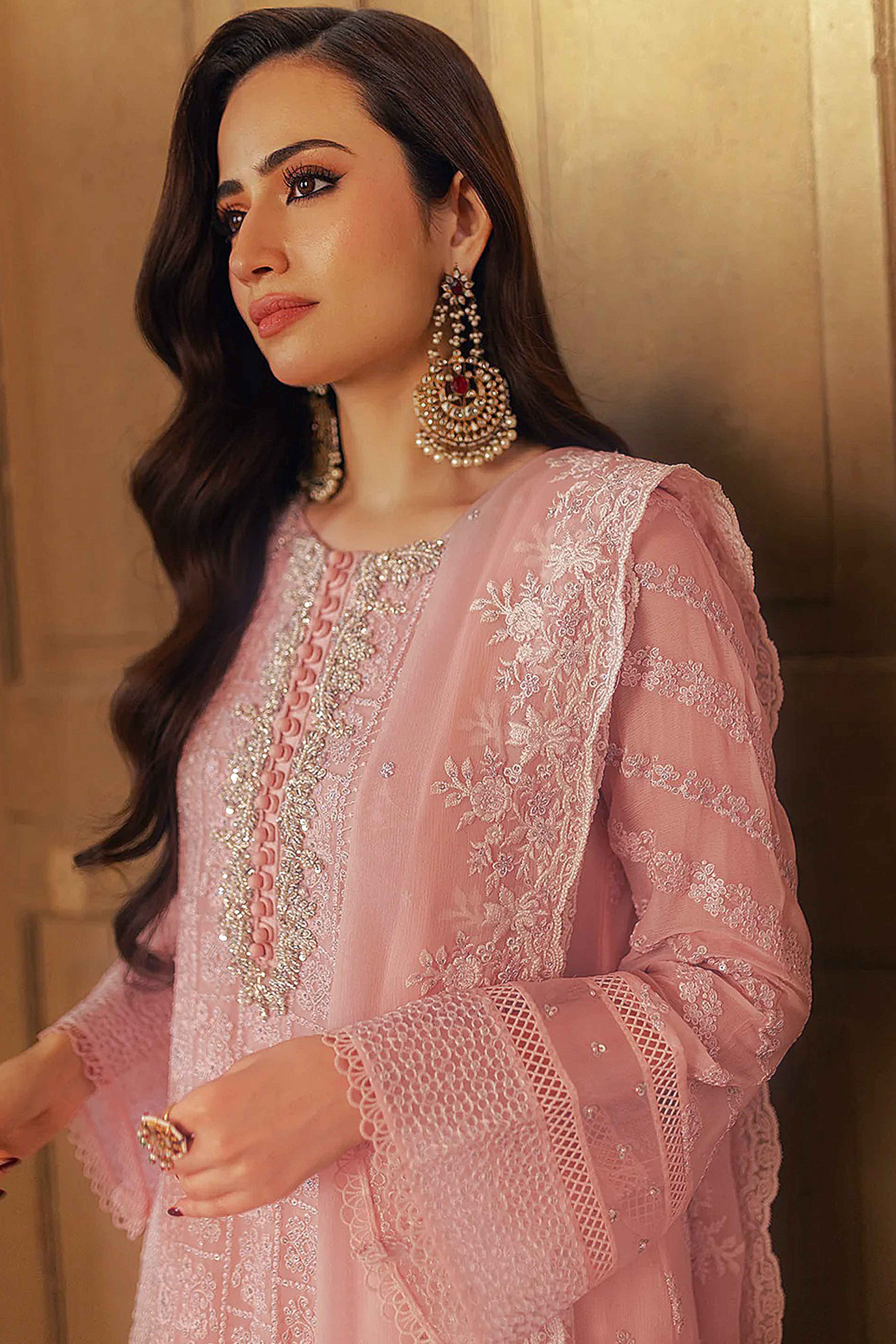 Peach Embroidered Georgette Semi-Stitched Pakistani Suit