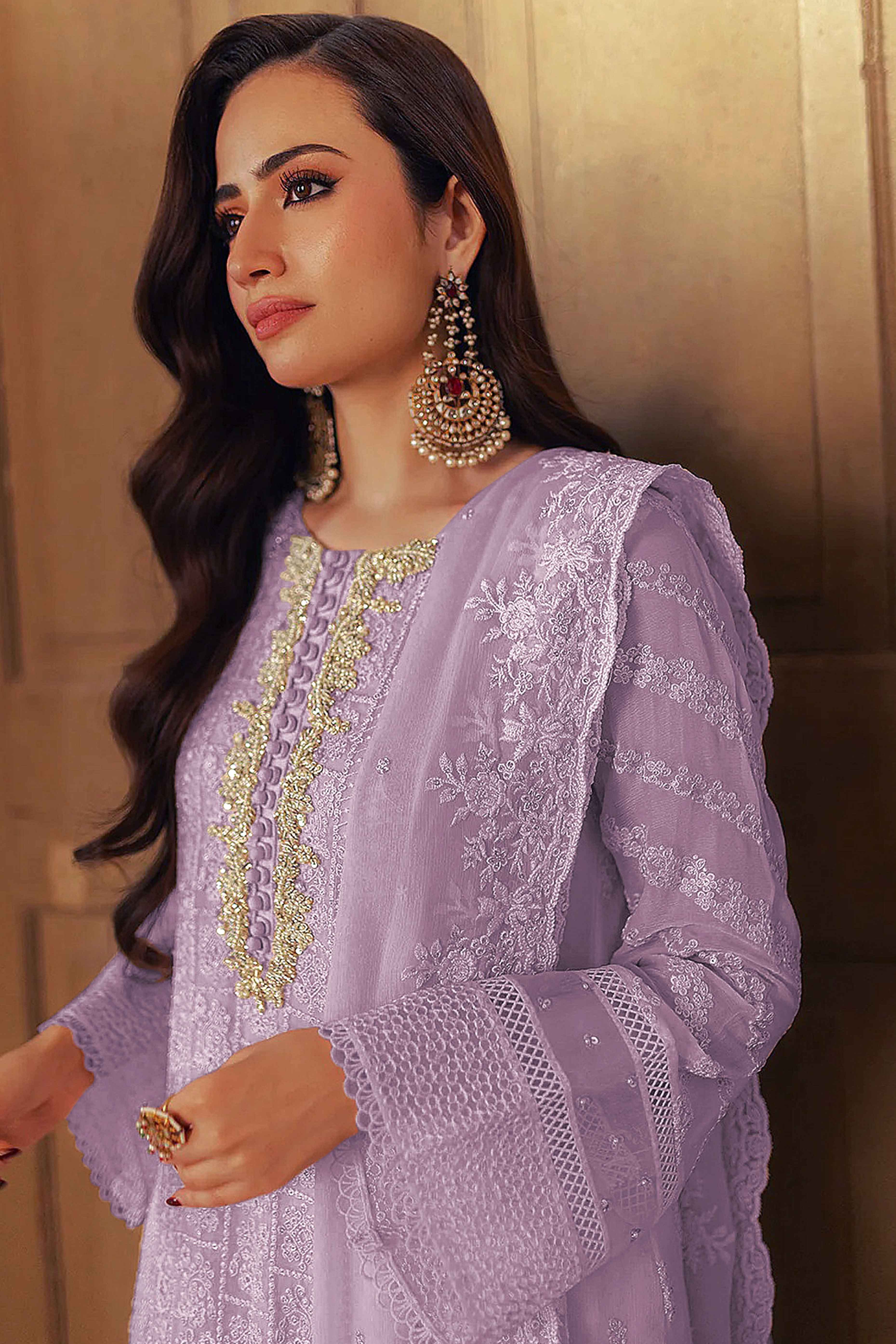 Purple Embroidered Georgette Semi-Stitched Pakistani Suit