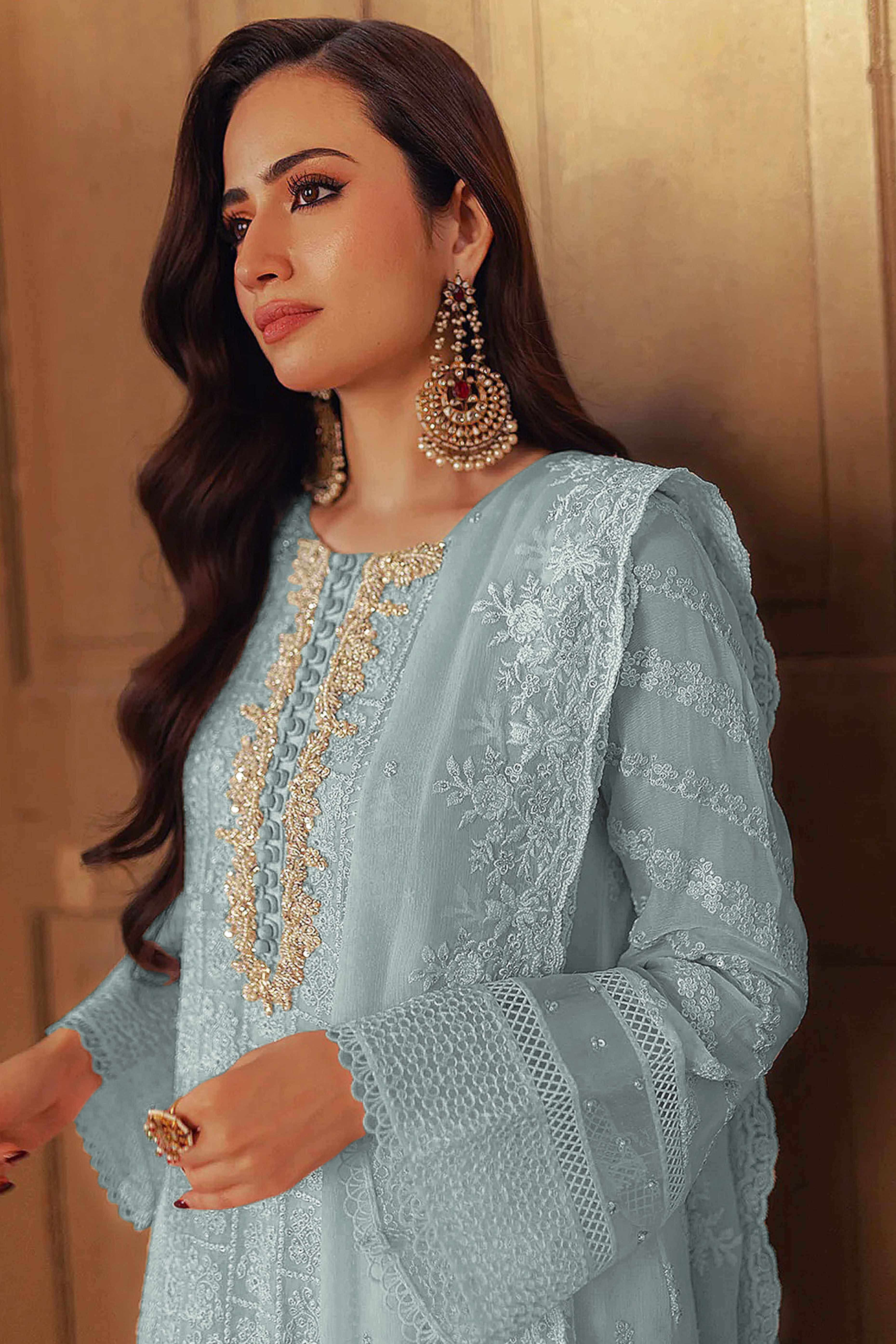 Sea Blue Embroidered Georgette Semi-Stitched Pakistani Suit