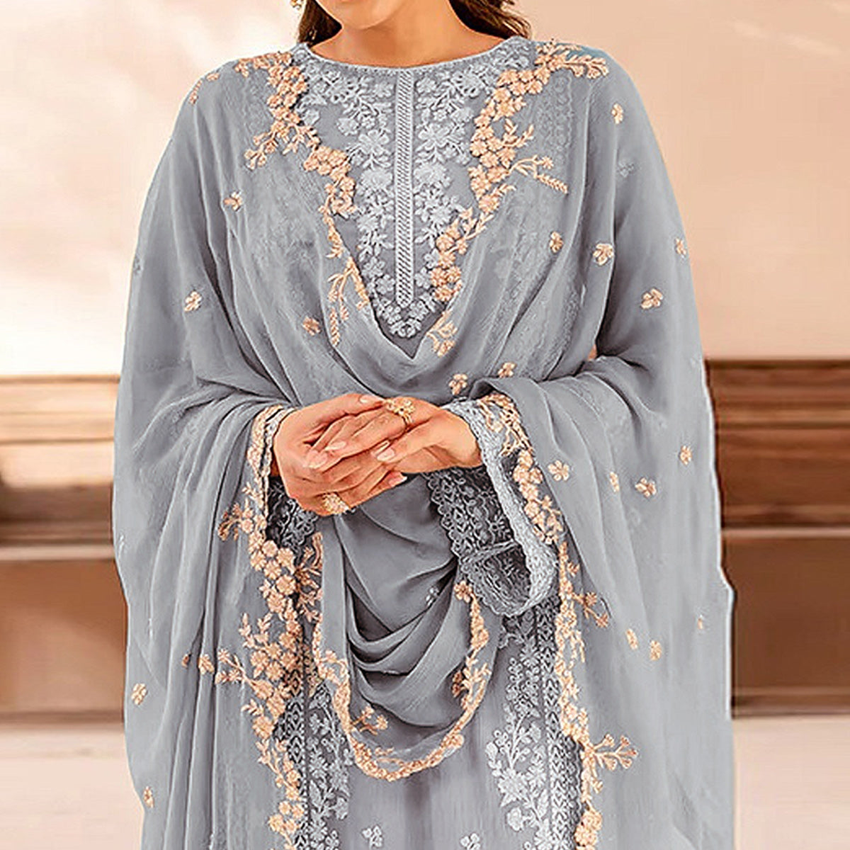 Sky Blue Floral Sequins Embroidered Georgette Semi Stitched Pakistani Suit