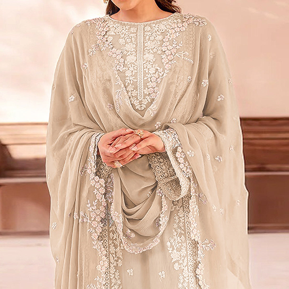 Cream Floral Sequins Embroidered Georgette Semi Stitched Pakistani Suit