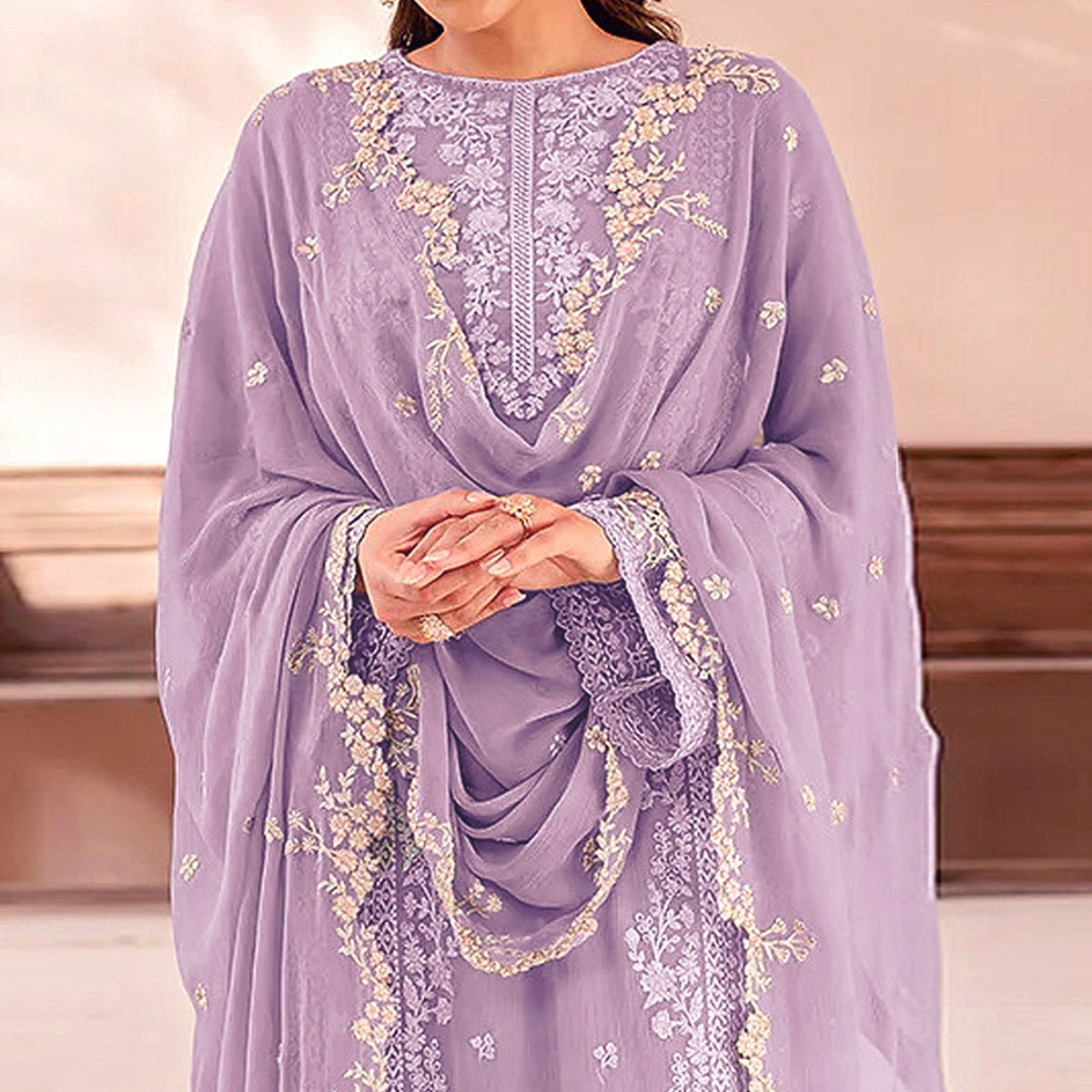 Lavender Floral Sequins Embroidered Georgette Semi Stitched Pakistani Suit