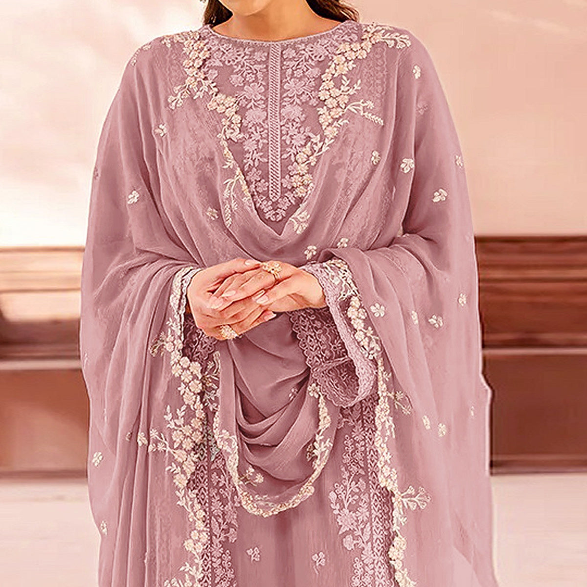 Mauve Floral Sequins Embroidered Georgette Semi Stitched Pakistani Suit