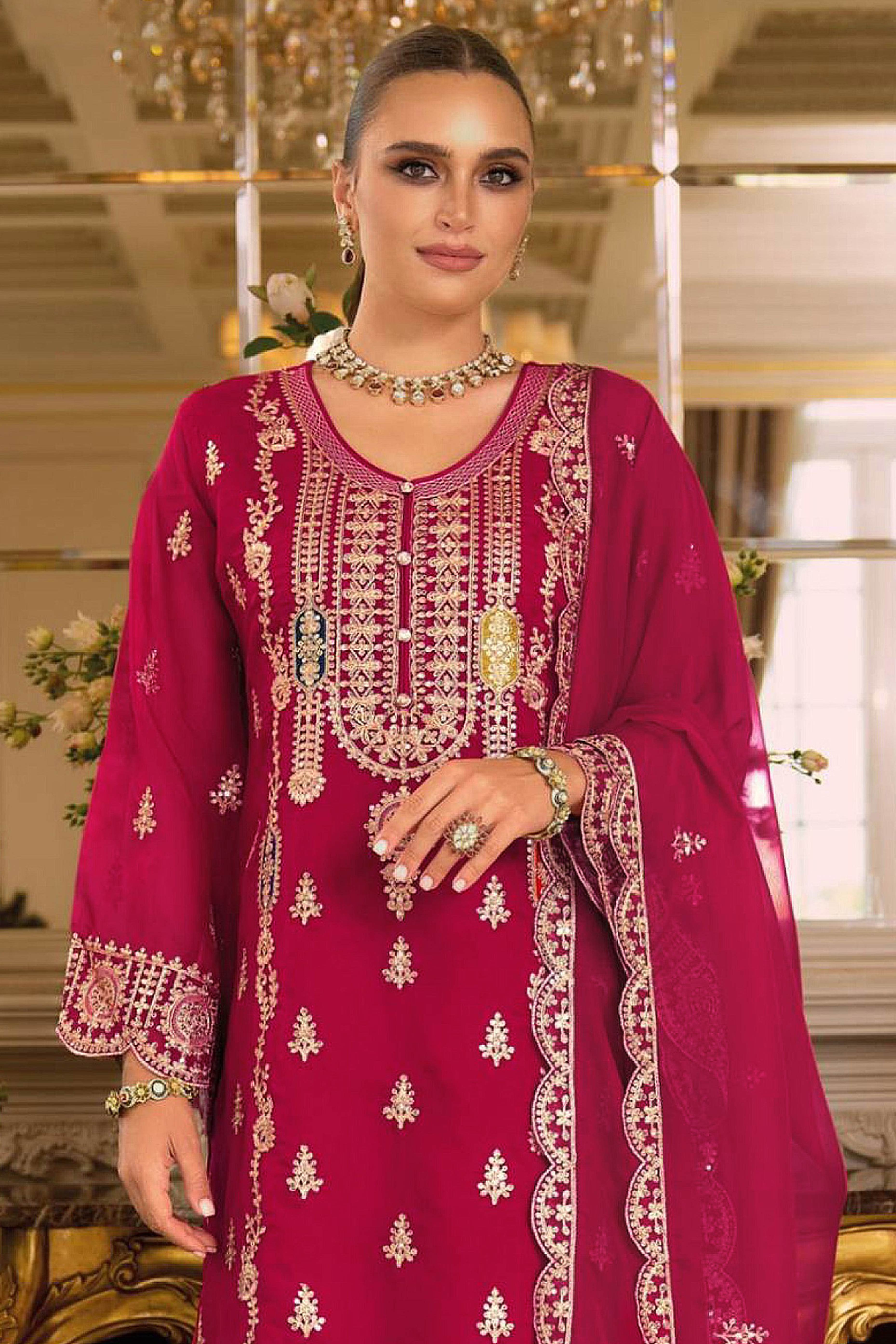 Pink Chinon Semi-Stitched Pakistani Salwar Suit with Elegant Golden Thread Embroidery