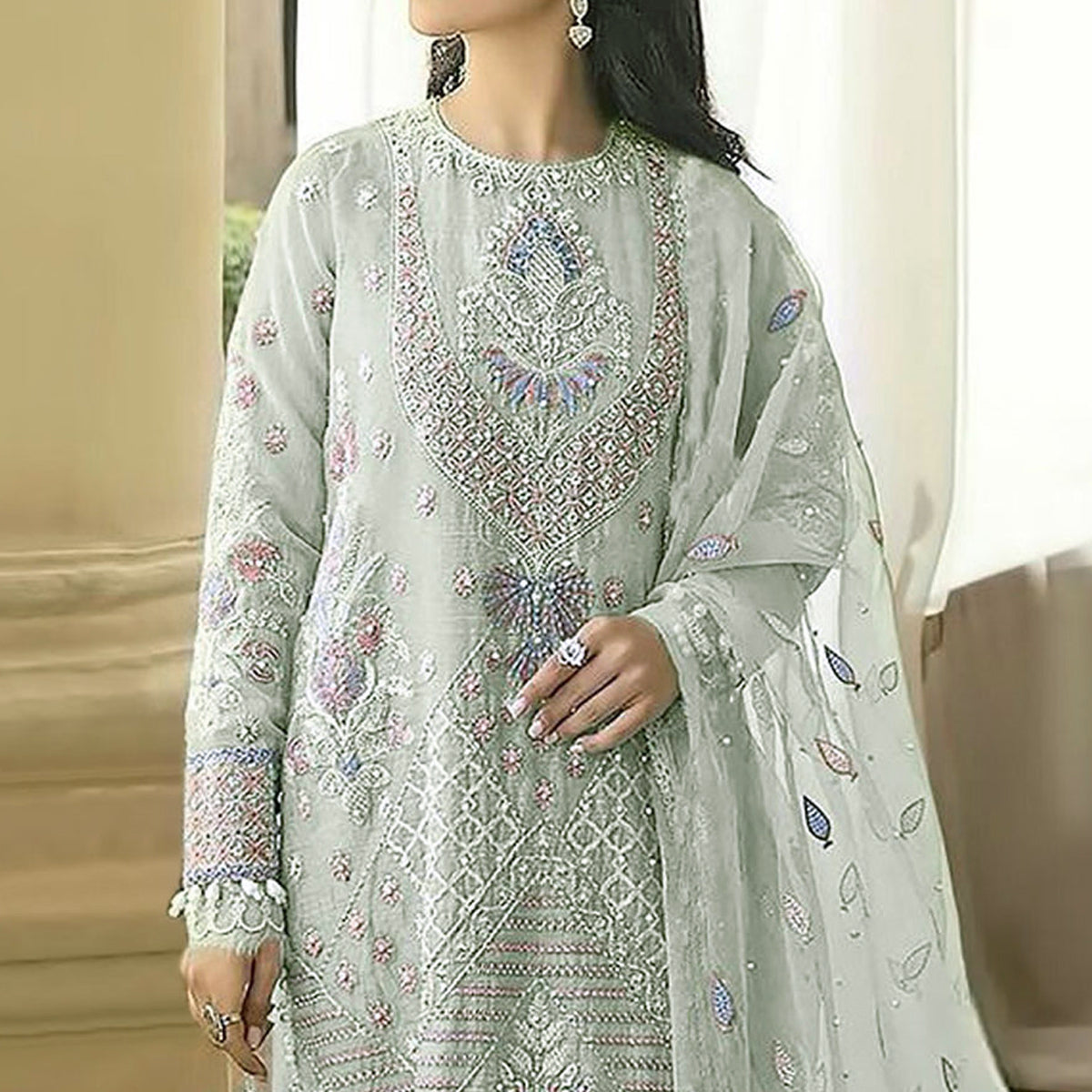 Green Floral Embroidered Georgette Semi Stitched Pakistani Suit