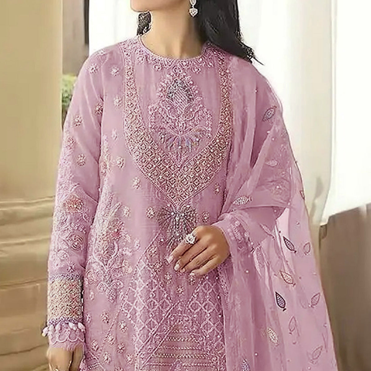Pink Floral Embroidered Georgette Semi Stitched Pakistani Suit