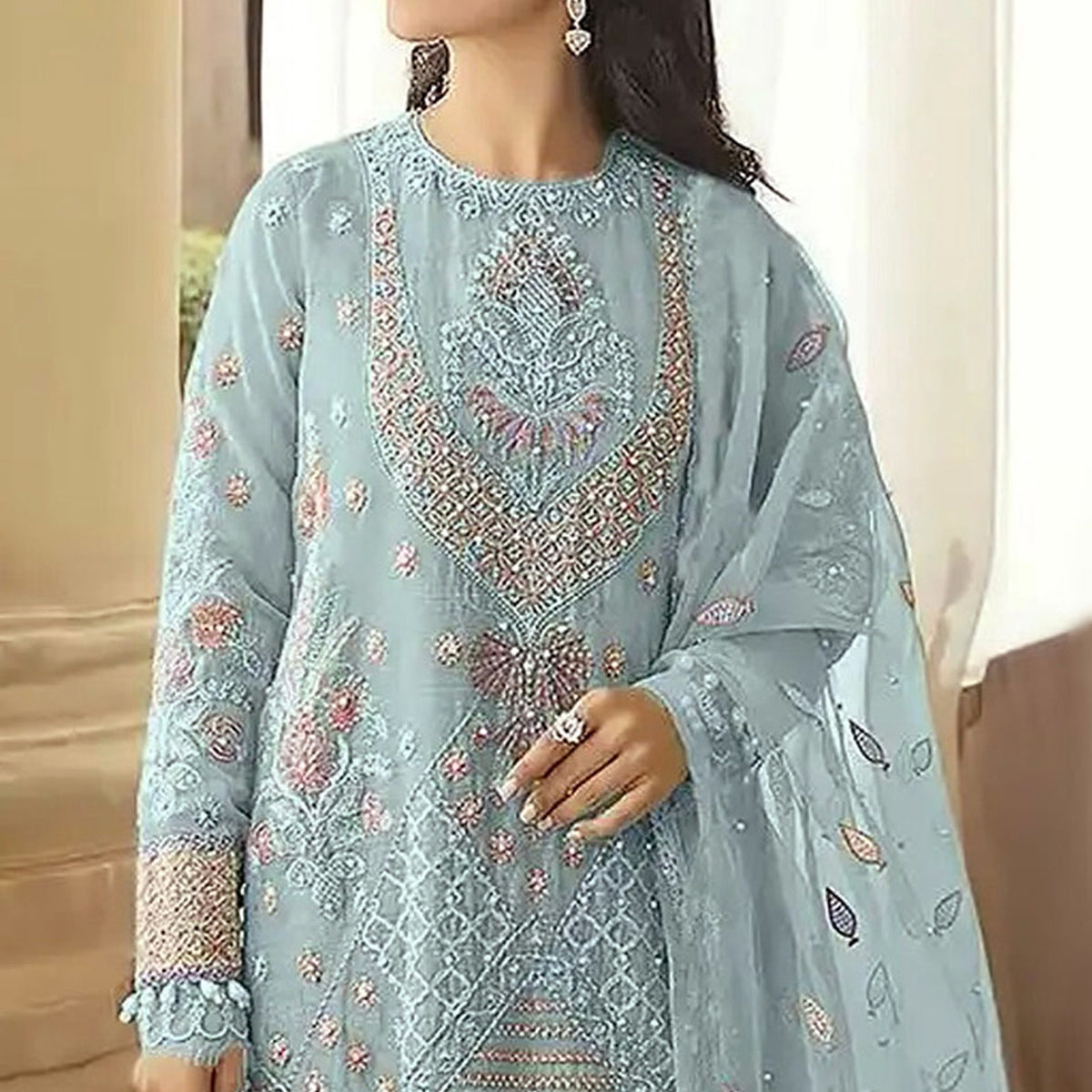 Blue Floral Embroidered Georgette Semi Stitched Pakistani Suit
