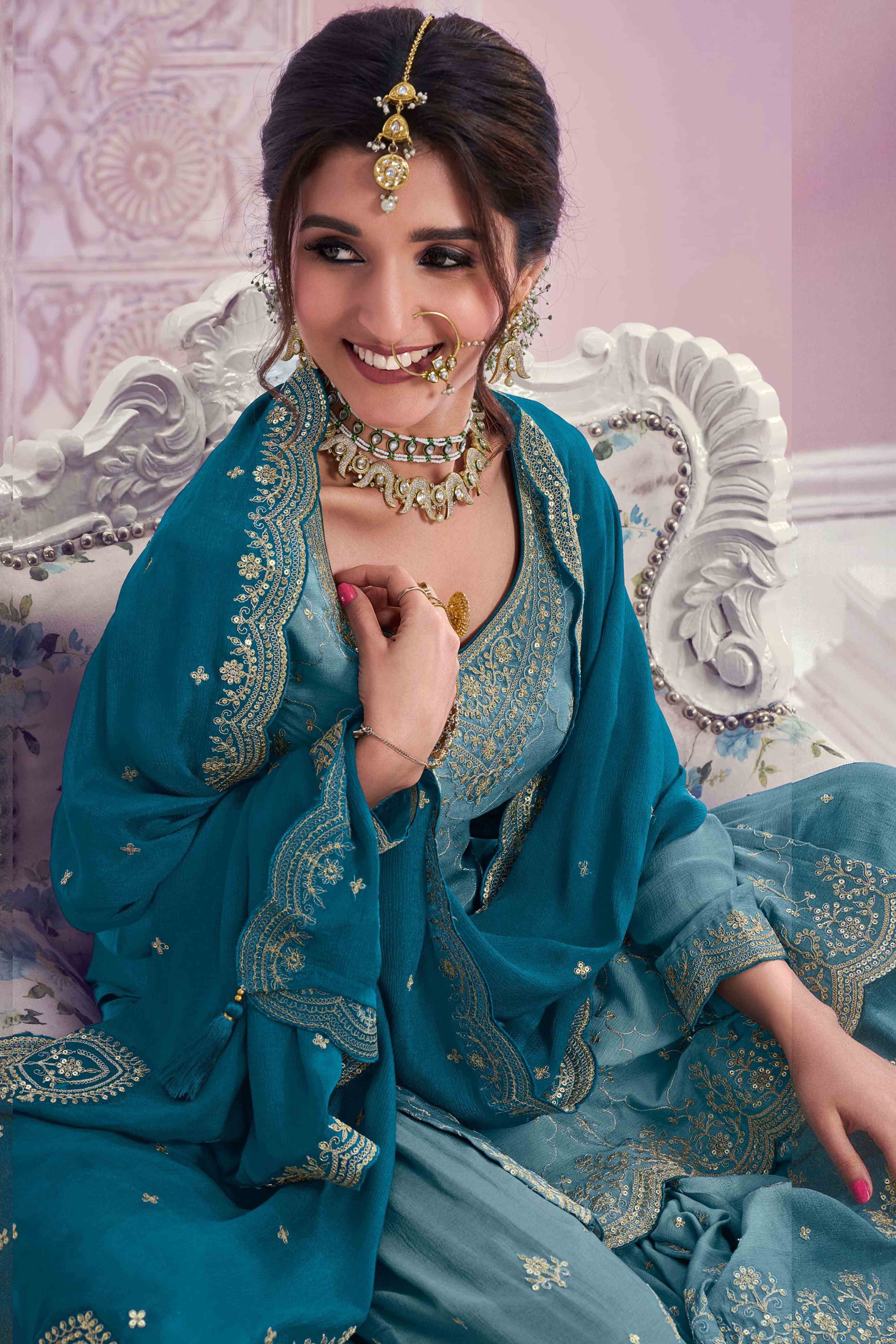 Blue Sequins Embroidered Chinon Sharara Suit