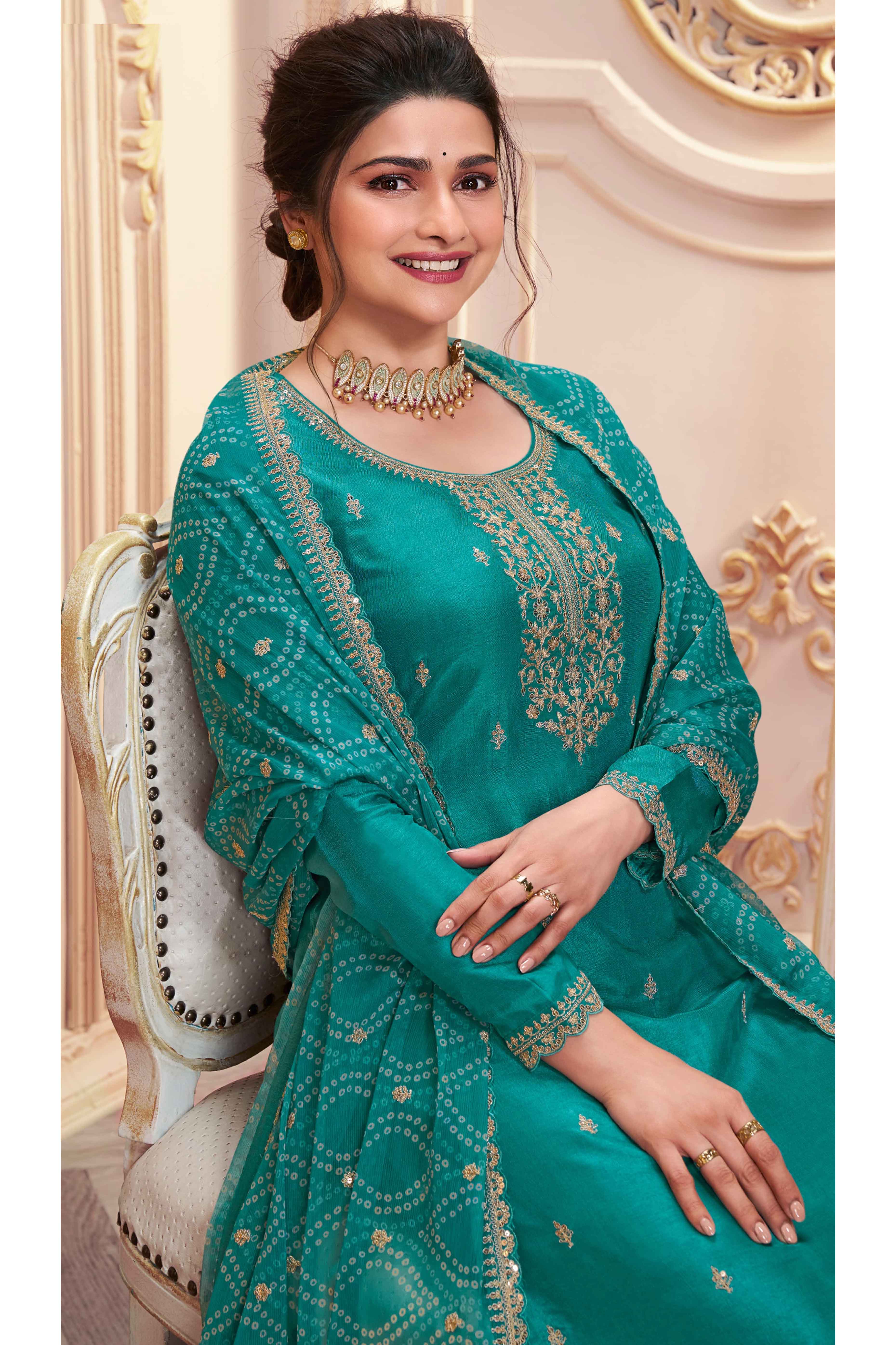 Rama Green Embroidered Georgette Semi-Stitched Pakistani Suit