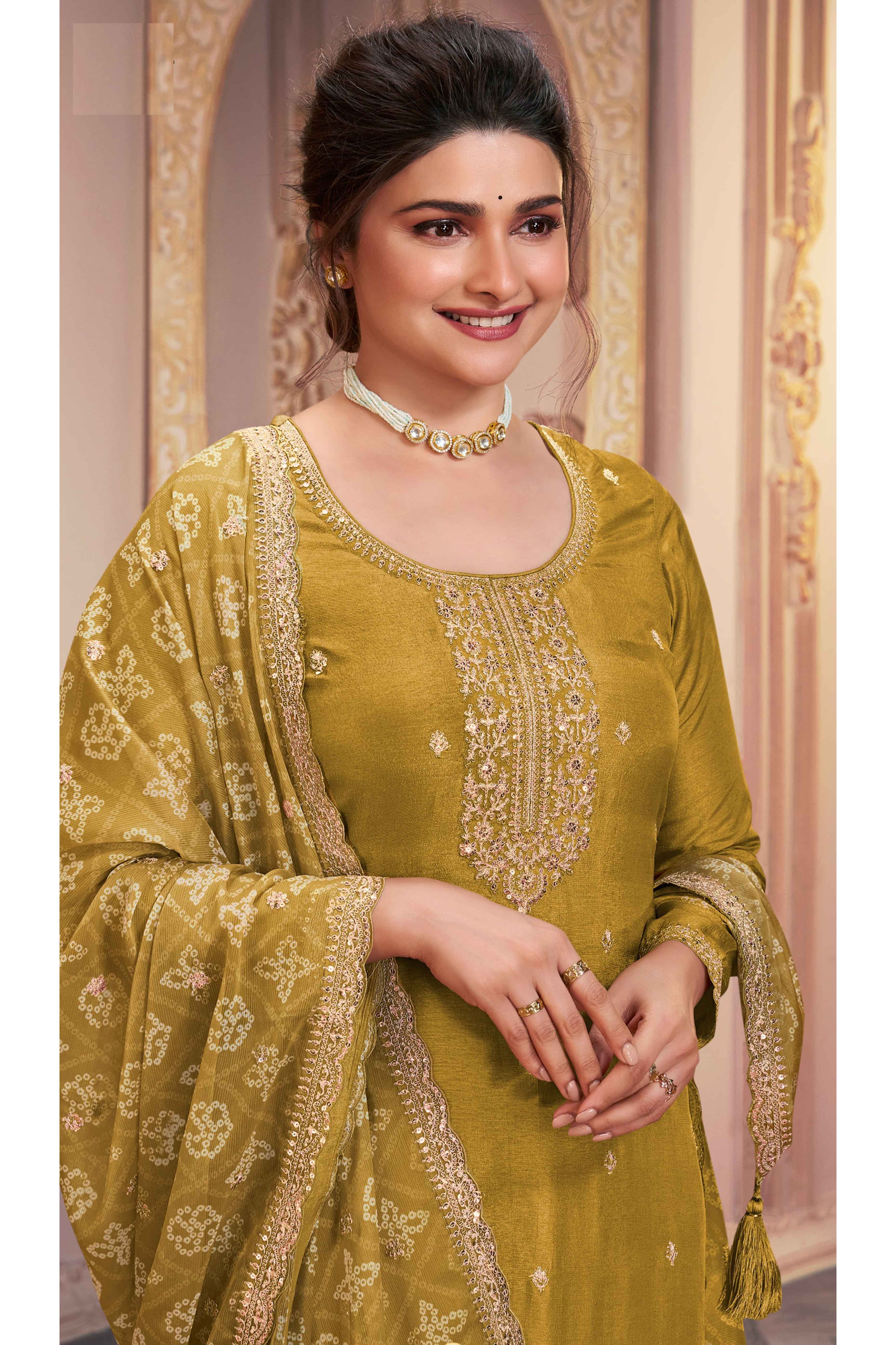 Mustard Embroidered Georgette Semi-Stitched Pakistani Suit