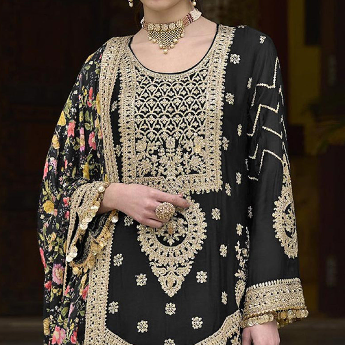 Black Floral Sequins Embroidered Chinon Salwar Suit