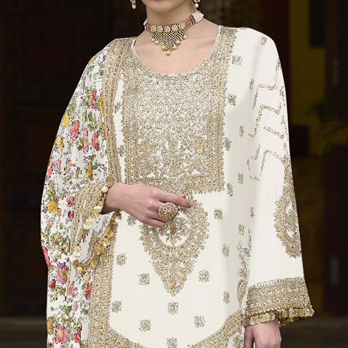 White Floral Sequins Embroidered Chinon Salwar Suit