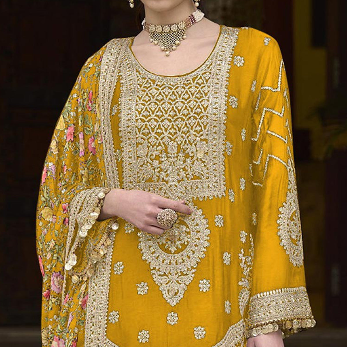 Yellow Floral Sequins Embroidered Chinon Salwar Suit