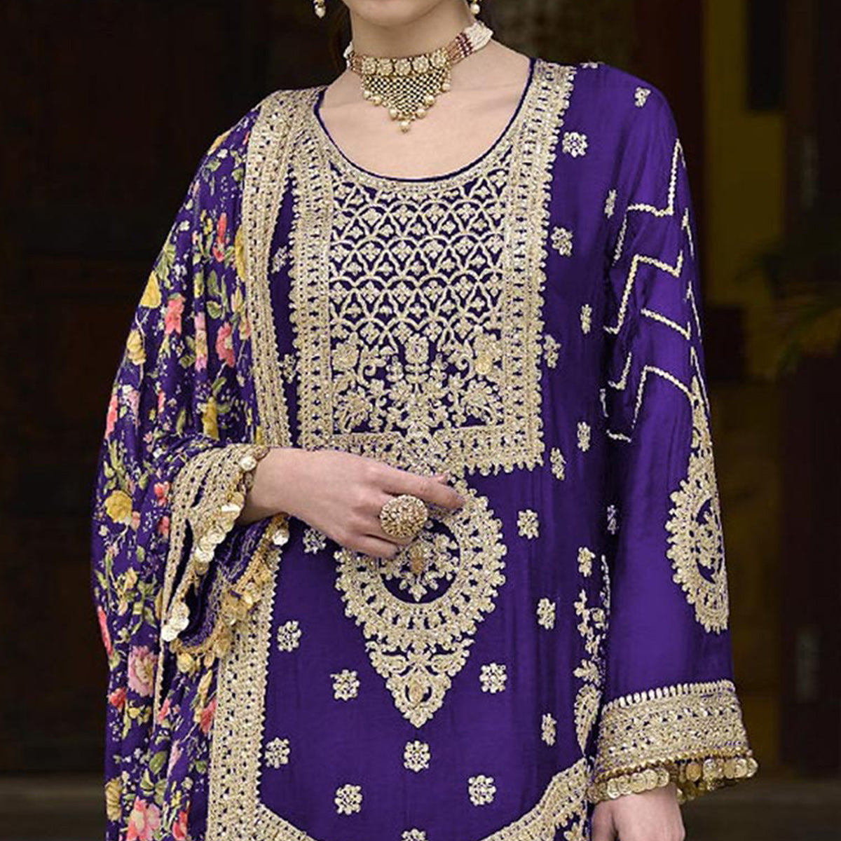 Purple Floral Sequins Embroidered Chinon Salwar Suit