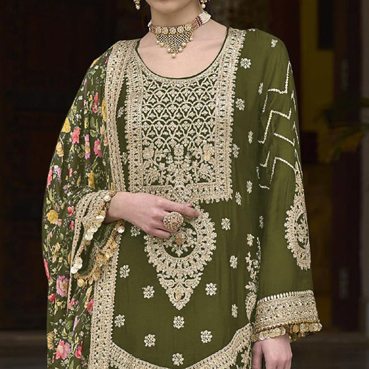 Green Floral Sequins Embroidered Chinon Salwar Suit