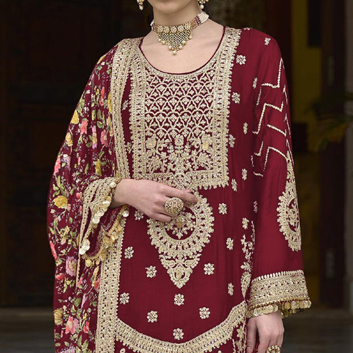 Maroon Floral Sequins Embroidered Chinon Salwar Suit