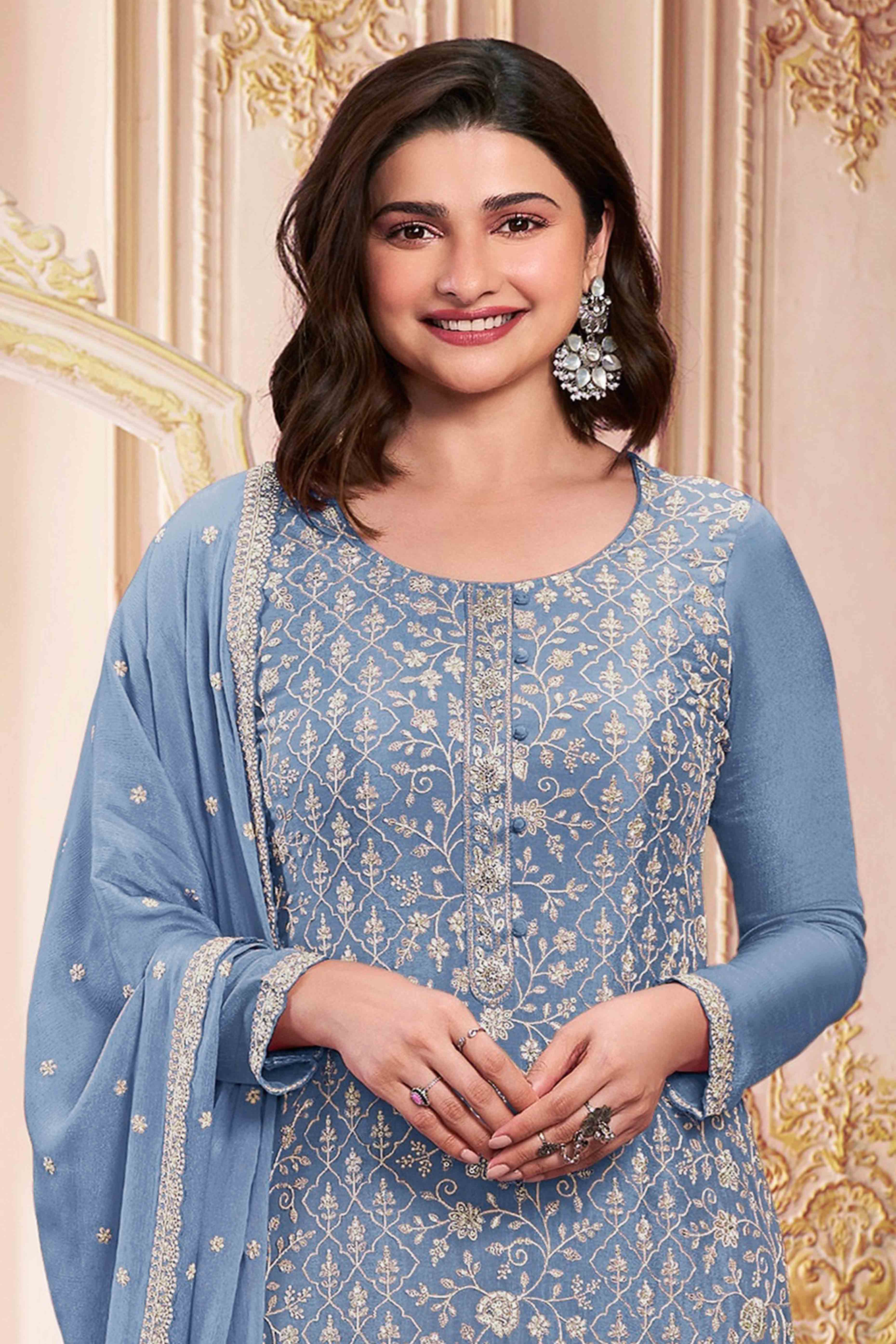 Sky Blue Floral Sequins Embroidery Georgette Semi Stitched Salwar Suit