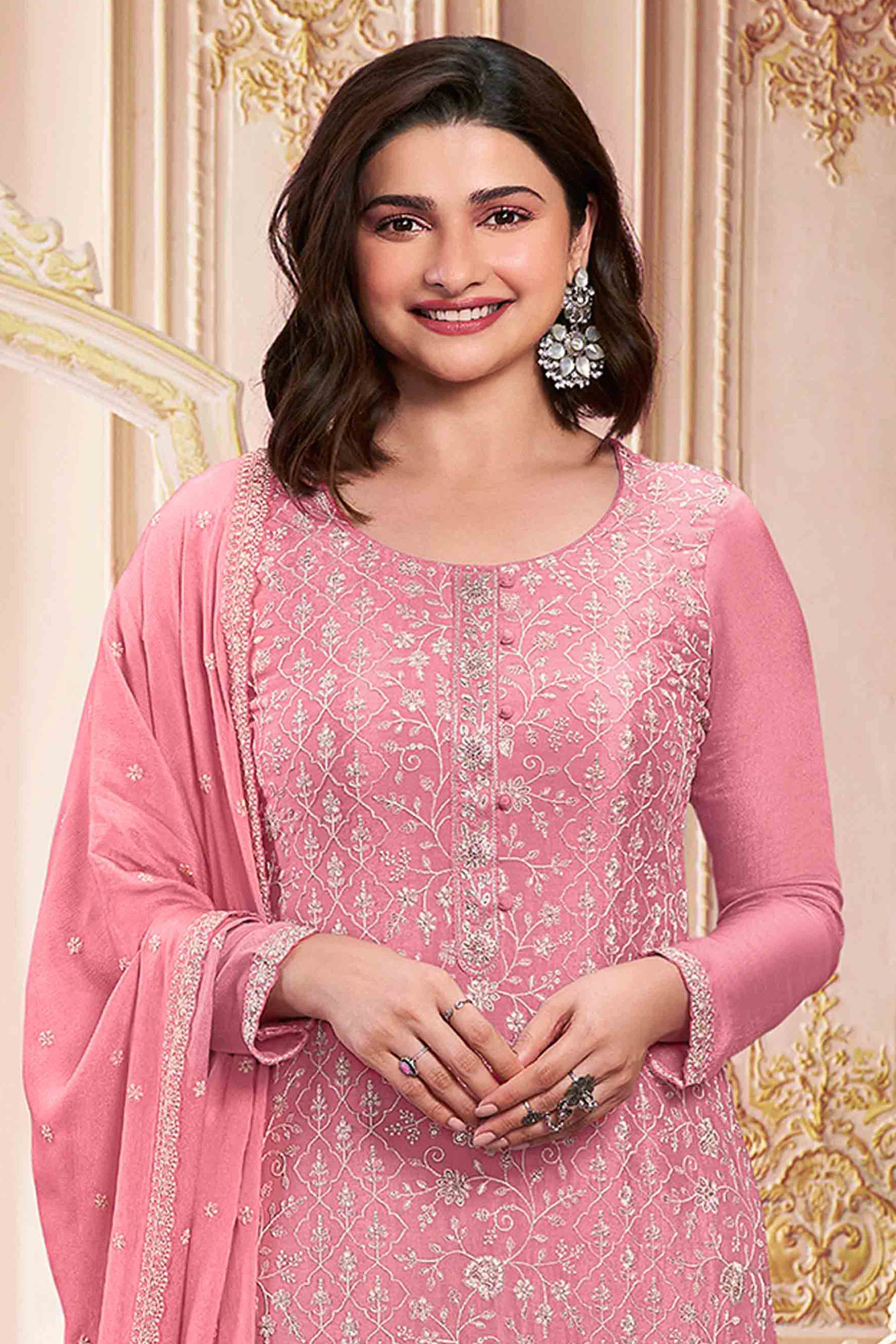 Gajari Pink Floral Sequins Embroidery Georgette Semi Stitched Salwar Suit