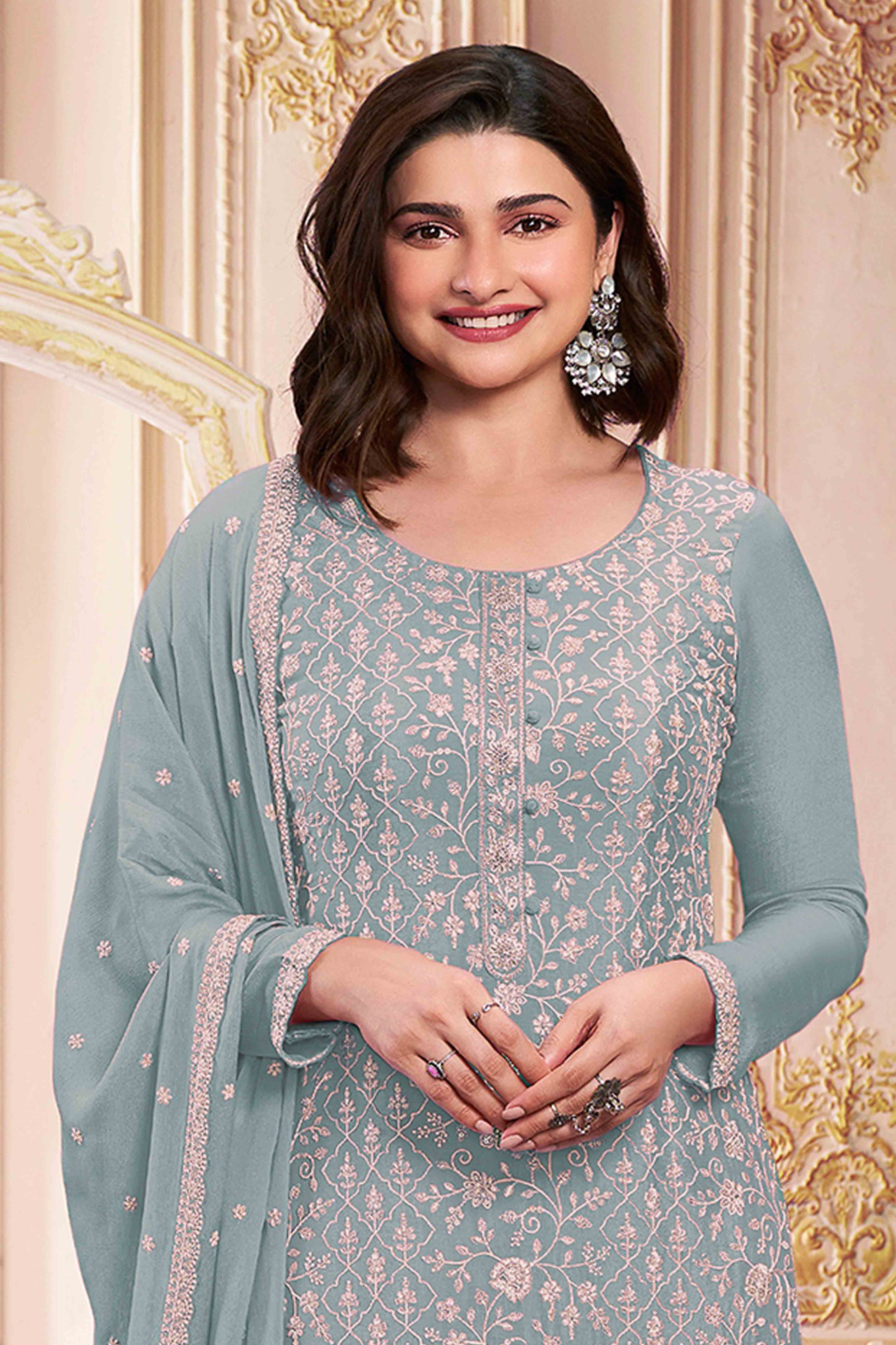 Blue Floral Sequins Embroidery Georgette Semi Stitched Salwar Suit