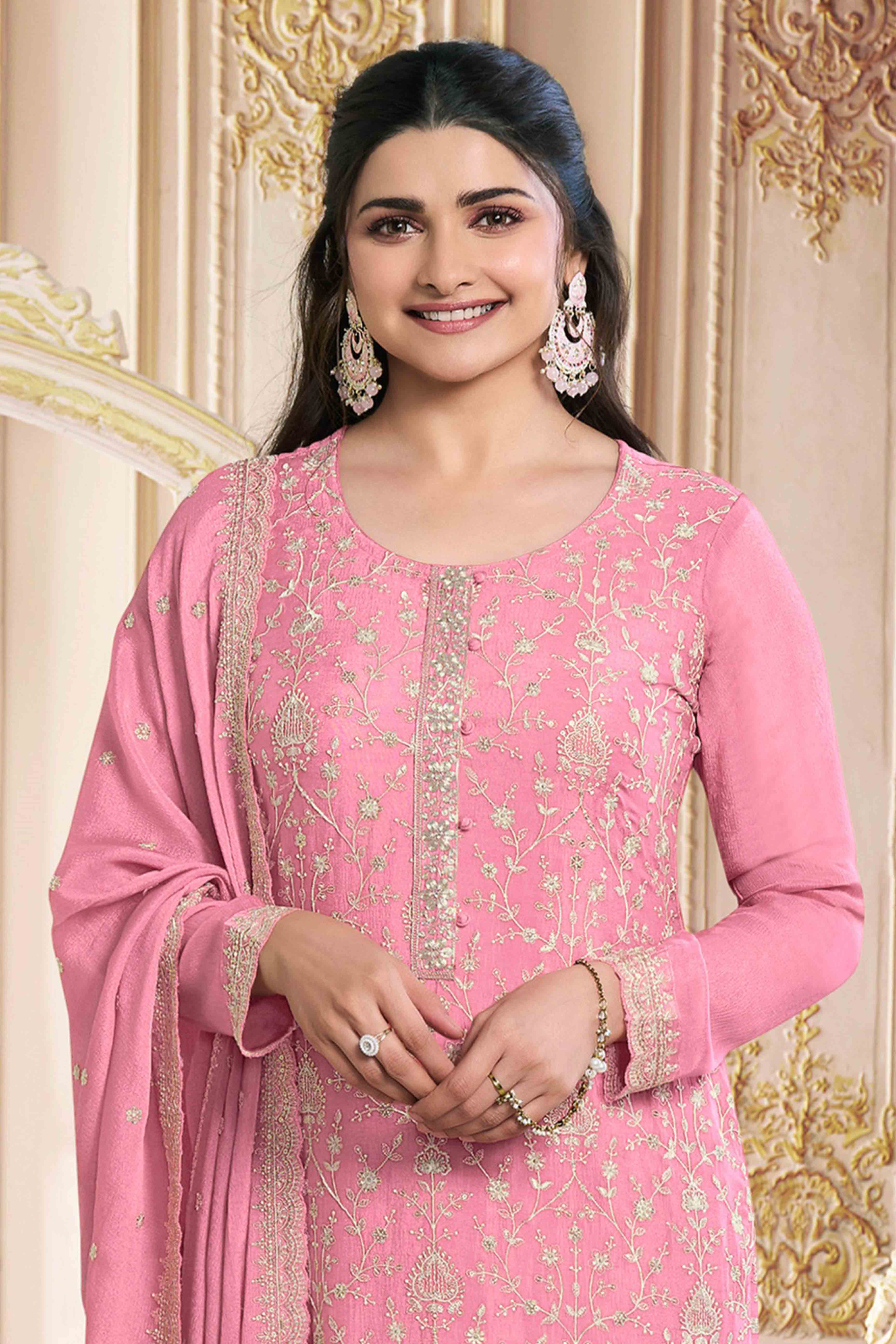 Pink Floral Sequins Embroidery Georgette Semi Stitched Salwar Suit