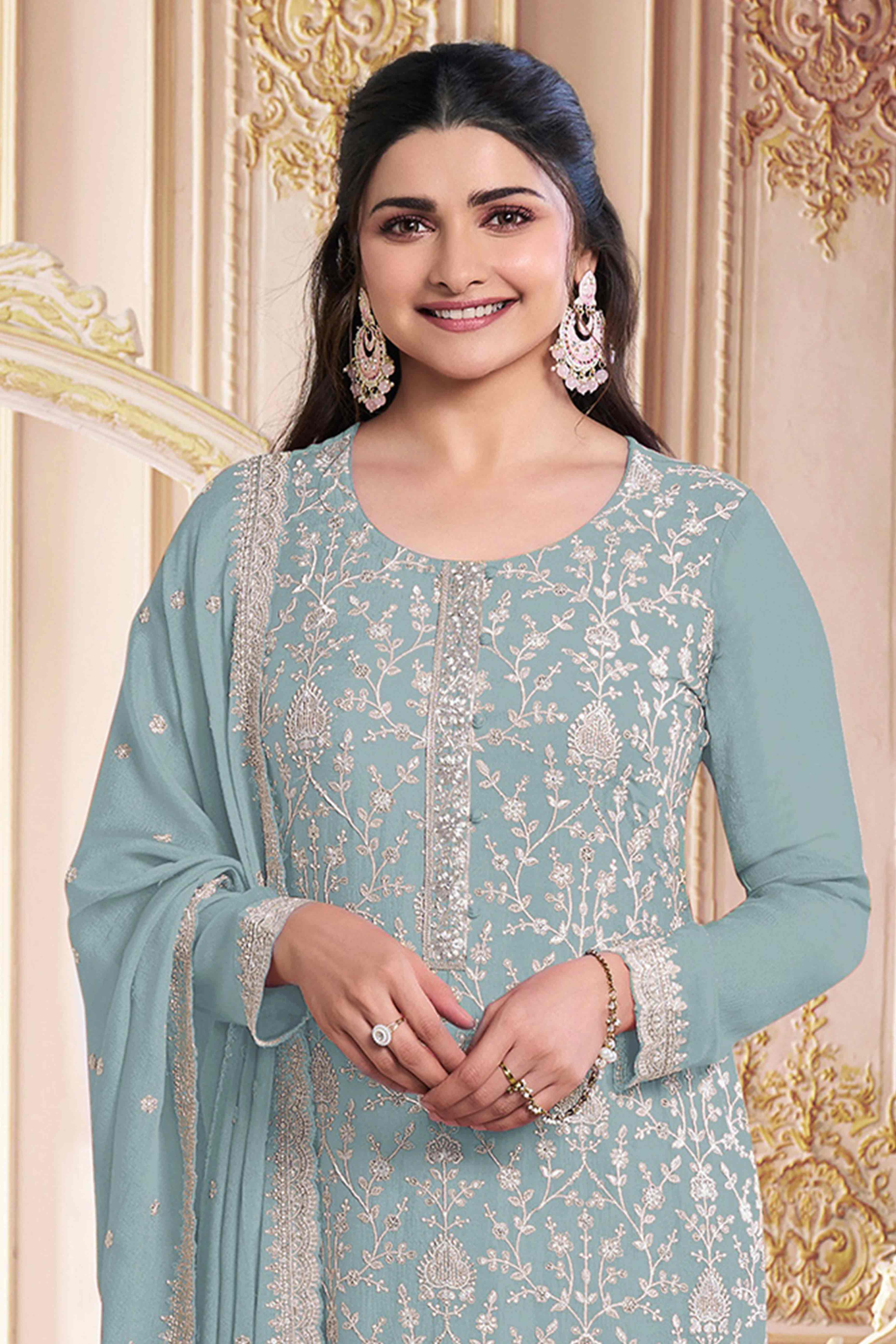 Pale Blue Floral Sequins Embroidery Georgette Semi Stitched Salwar Suit