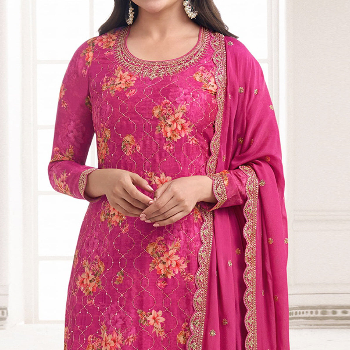 Pink Embroidered Chinon Semi Stitched Dress Material