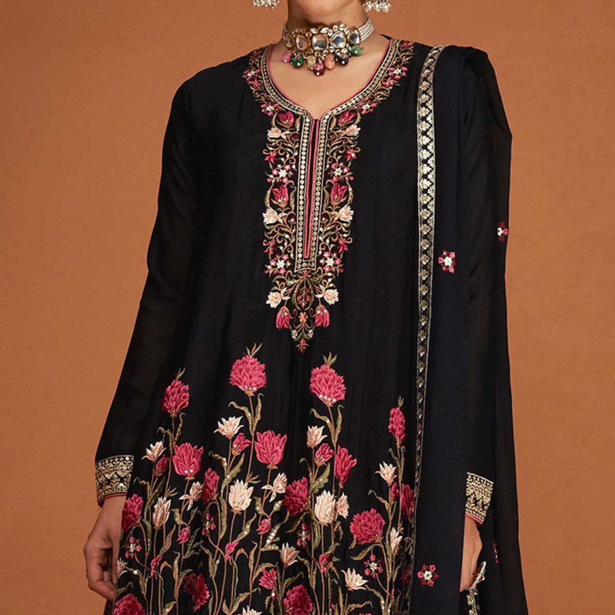 Black Floral Sequins Embroidered Georgette Sharara Suit