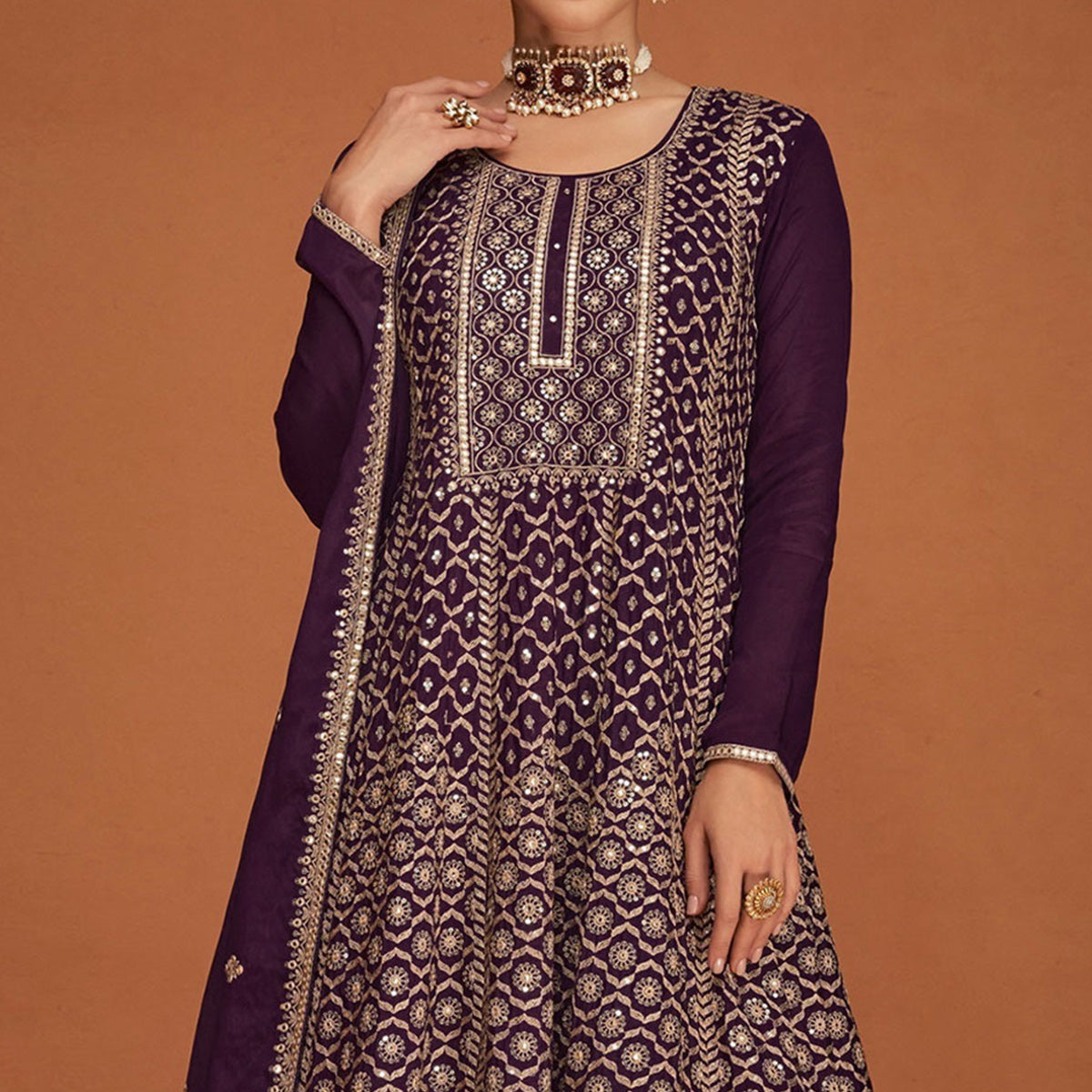 Purple Floral Sequins Embroidered Georgette Sharara Suit