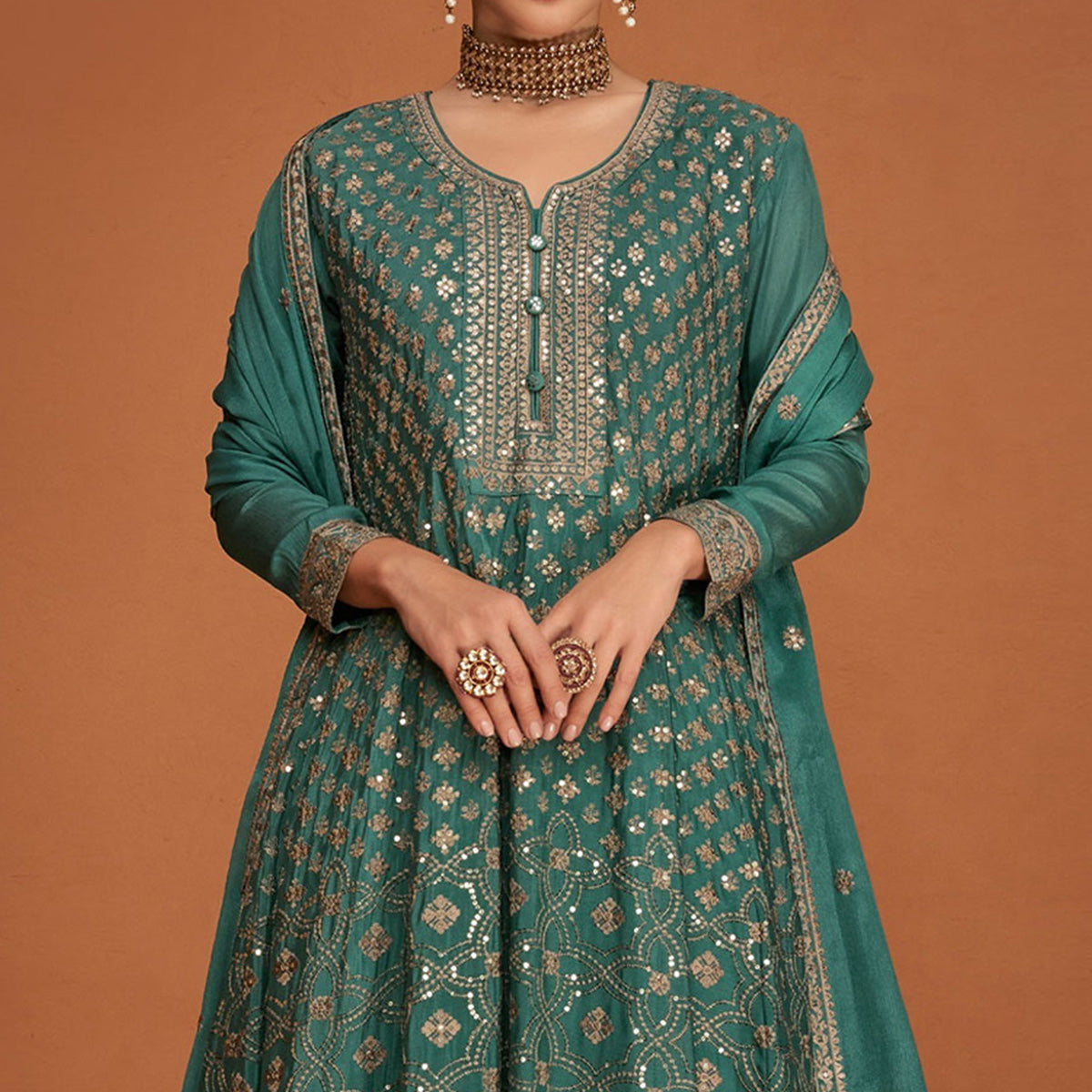 Teal Floral Sequins Embroidered Georgette Sharara Suit
