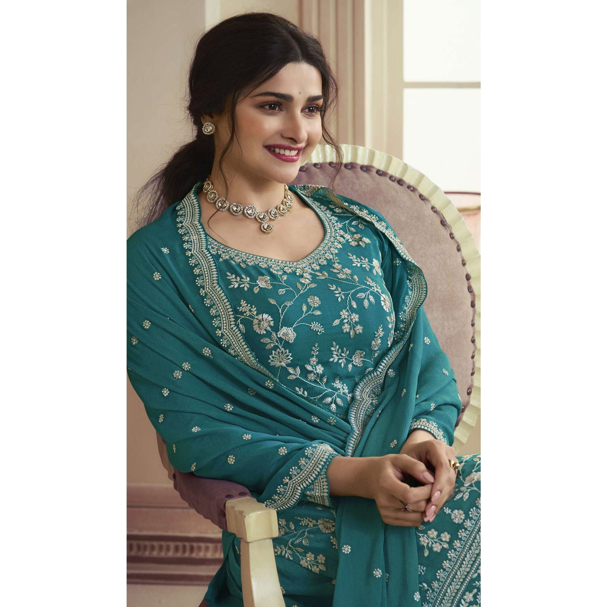 Teal Floral Embroidered Chinon Semi Stitched Sharara Suit