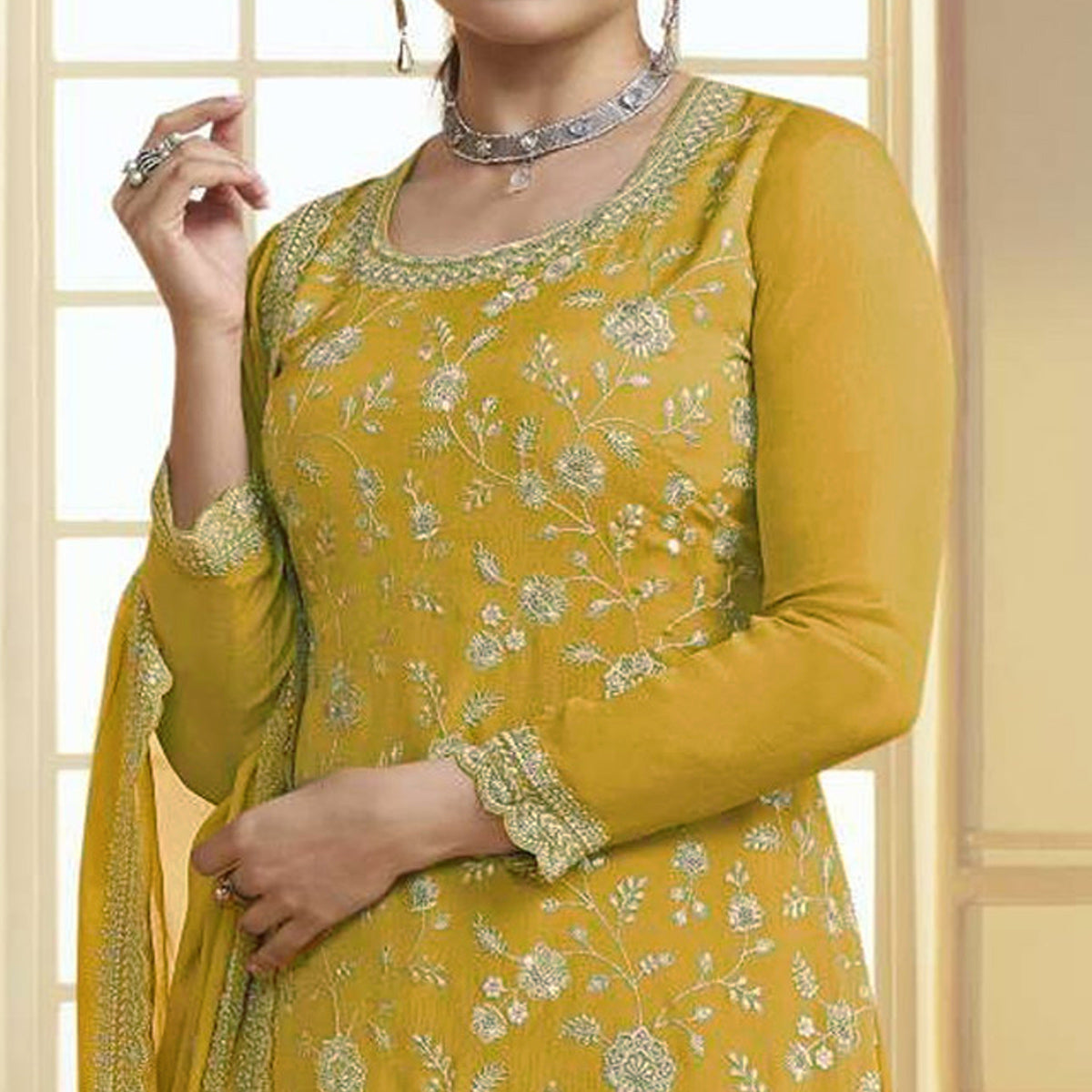 Mustard Floral Embroidered Chinon Semi Stitched Sharara Suit