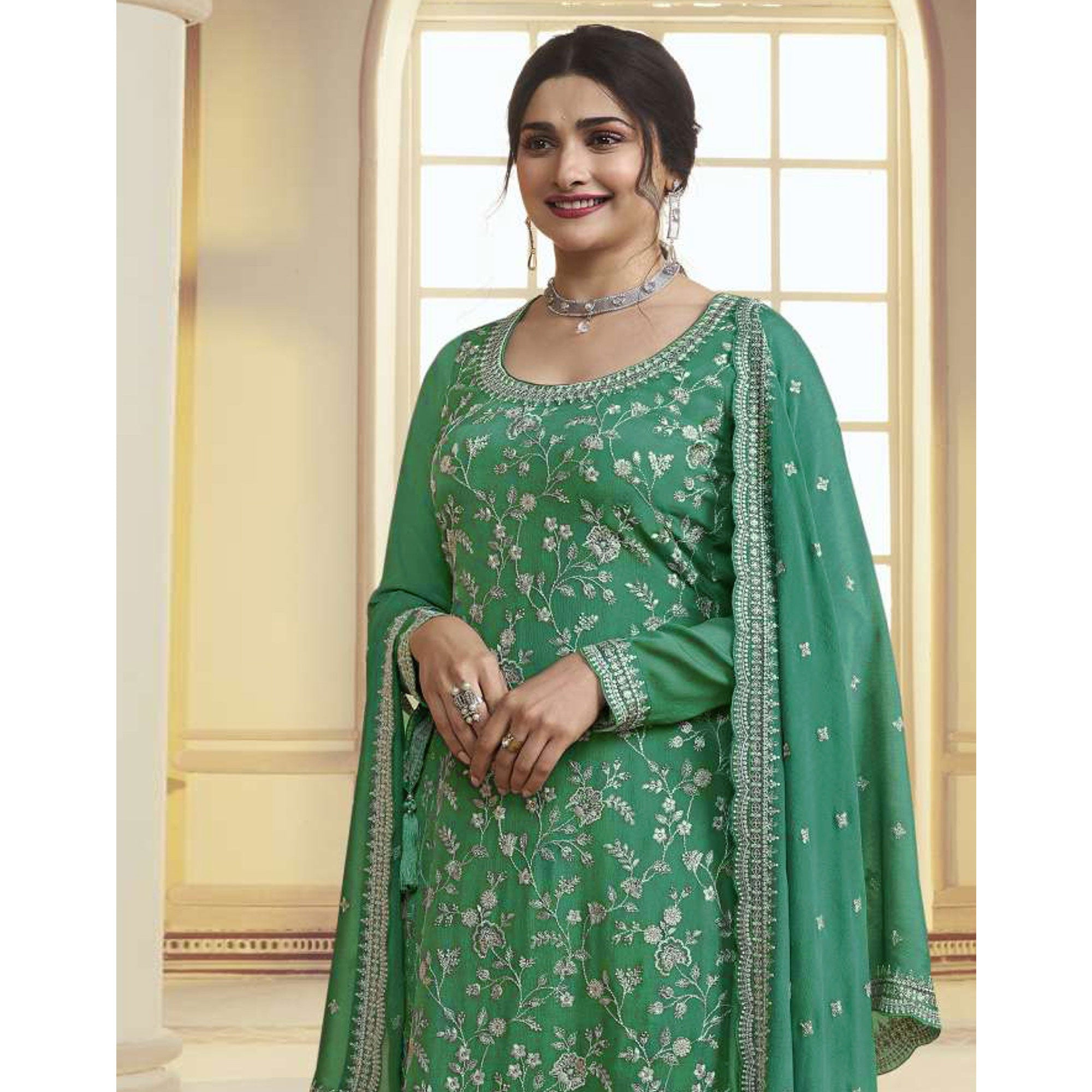 Green Floral Embroidered Chinon Semi Stitched Sharara Suit