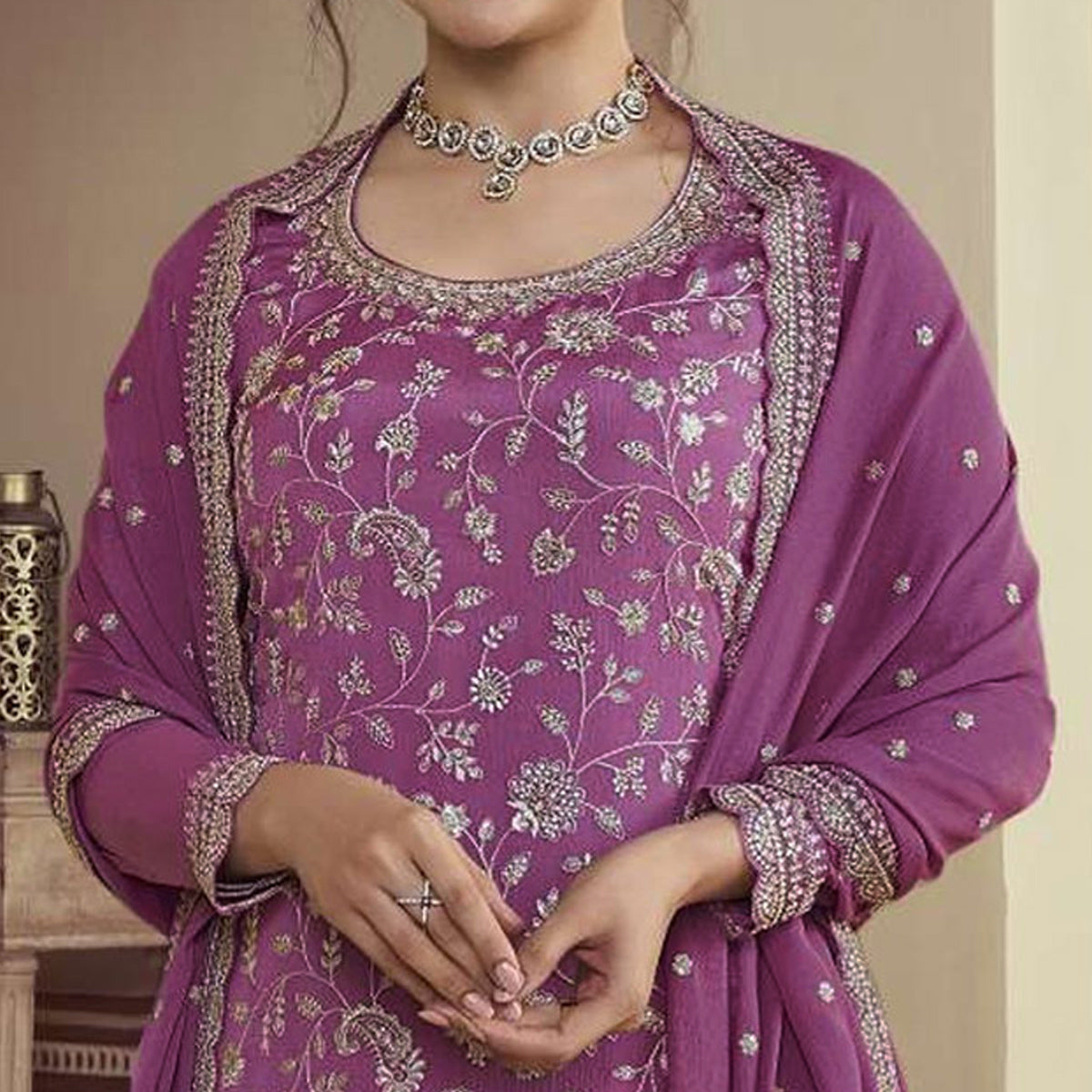 Purple Floral Embroidered Chinon Semi Stitched Sharara Suit