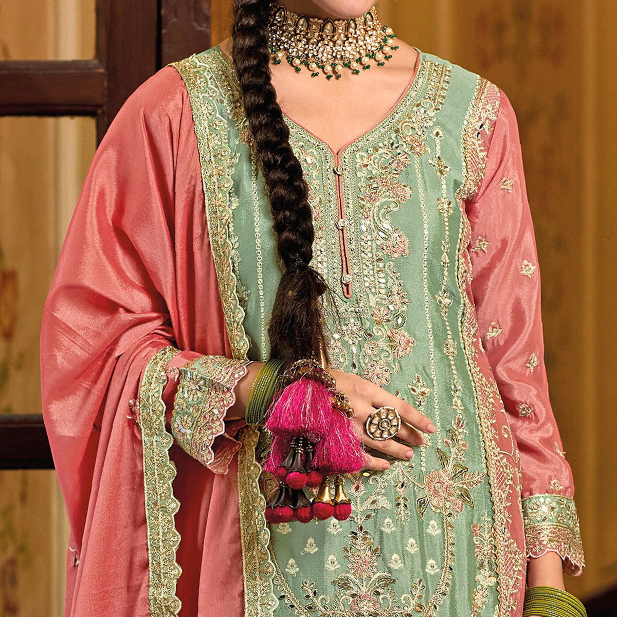 Green Floral Embroidered Chinon Palazzo Suit