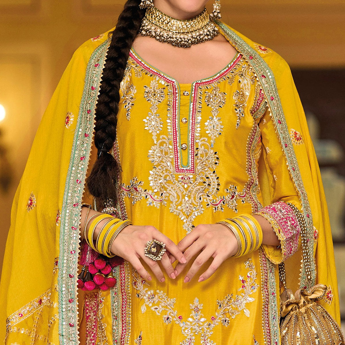 Yellow Floral Embroidered Chinon Palazzo Suit