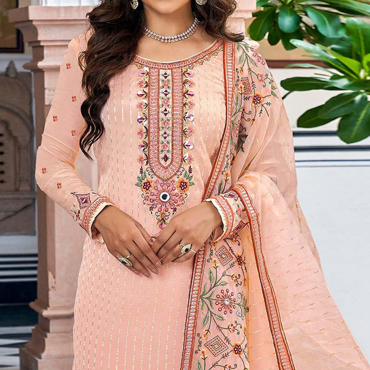 Peach Floral Sequins Embroidered Georgette Semi Stitched Salwar Suit