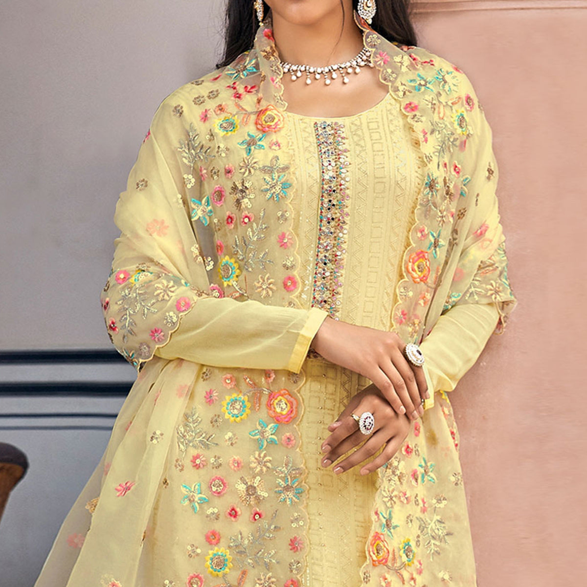 Lemon Yellow Sequins Embroidered Georgette Semi Stitched Salwar Suit