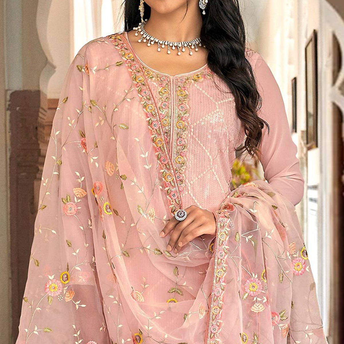 Pink Floral Sequins Embroidered Georgette Semi Stitched Salwar Suit