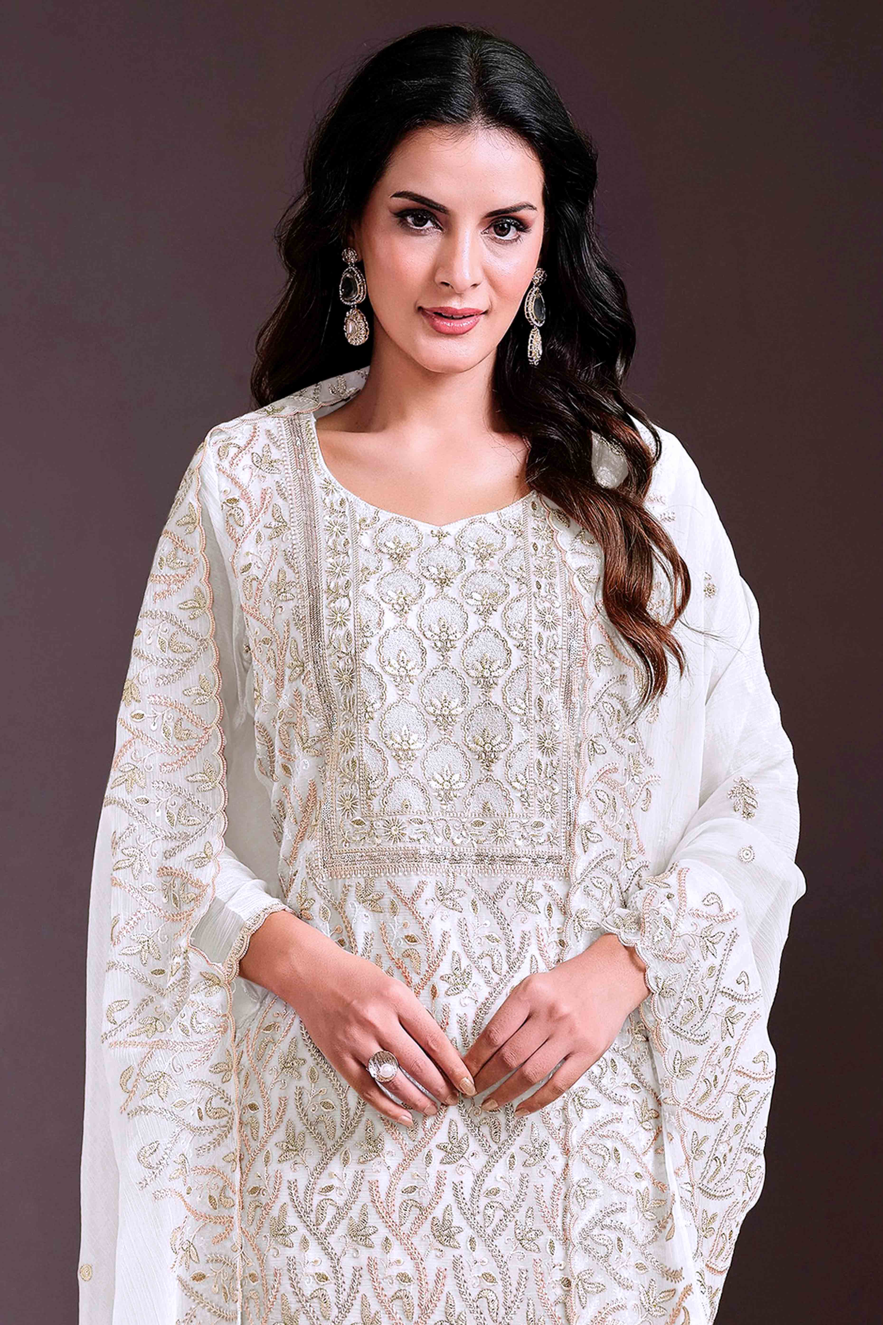 Offwhite Floral Sequins Embroidered Chinon Semi Stitched Suit