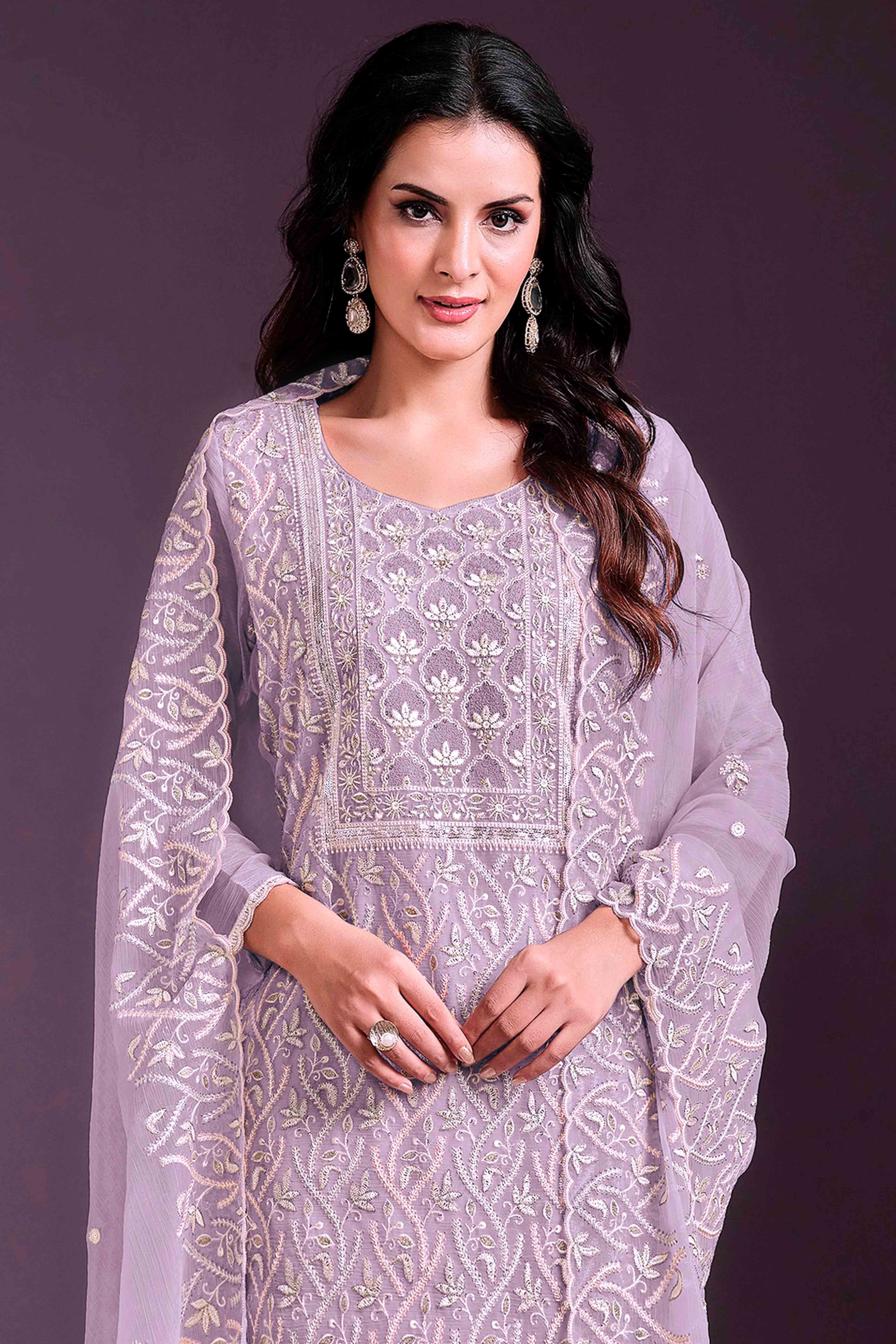 Lavender Floral Sequins Embroidered Chinon Semi Stitched Suit
