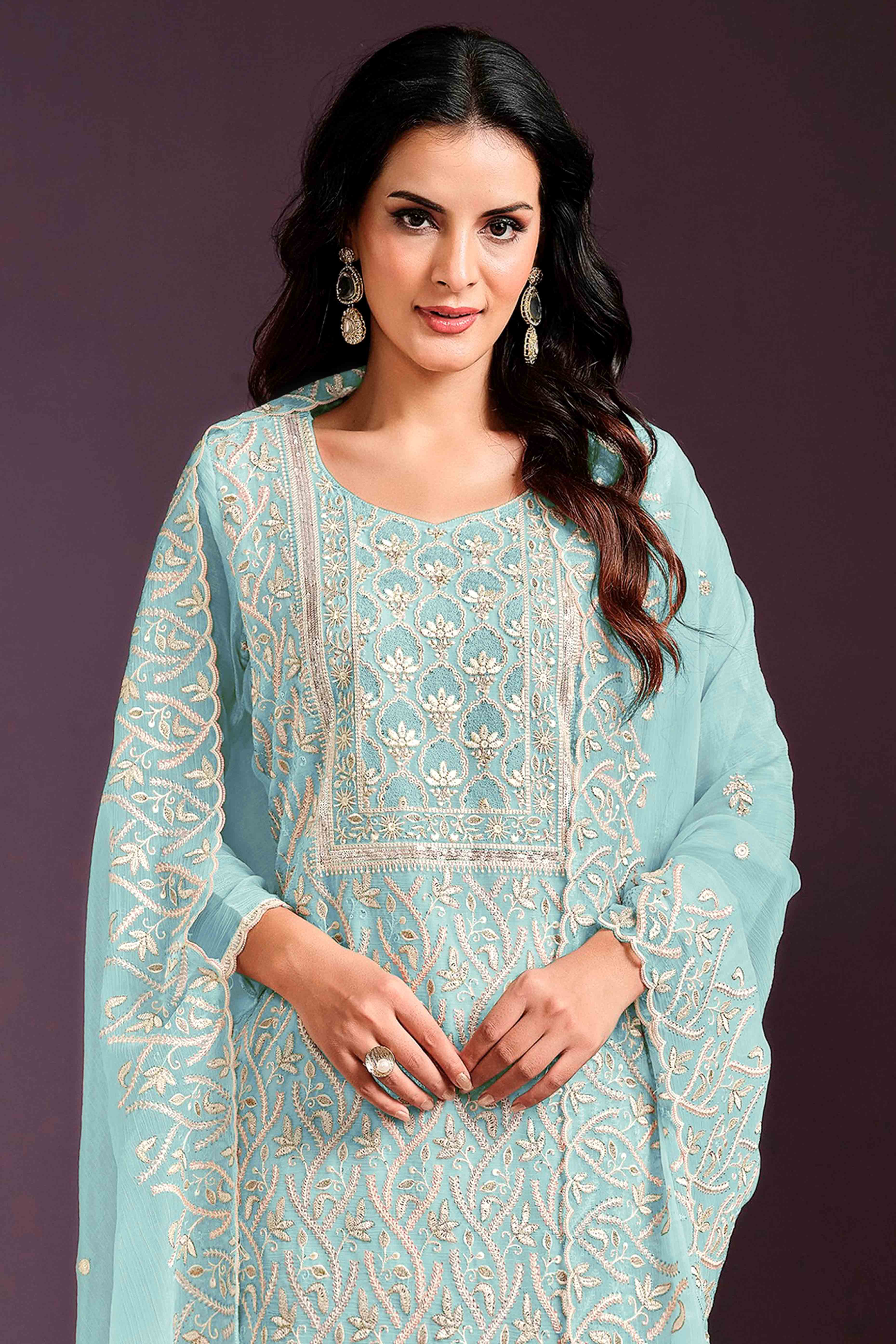 Turquoise Floral Sequins Embroidered Chinon Semi Stitched Suit