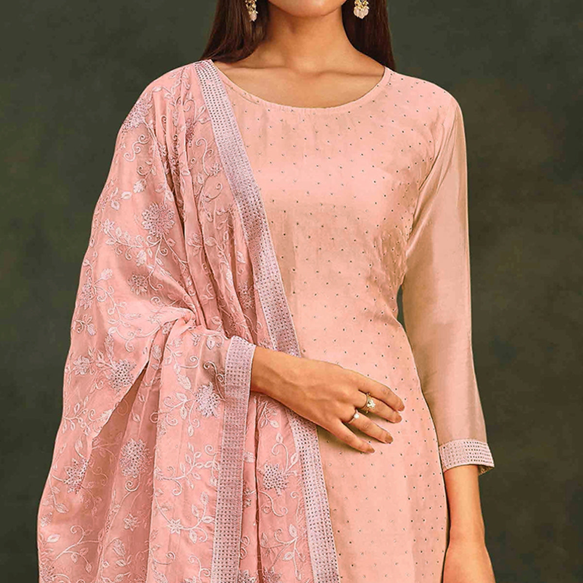 Peach Swarovski Work Organza Semi Stitched Salwar Suit